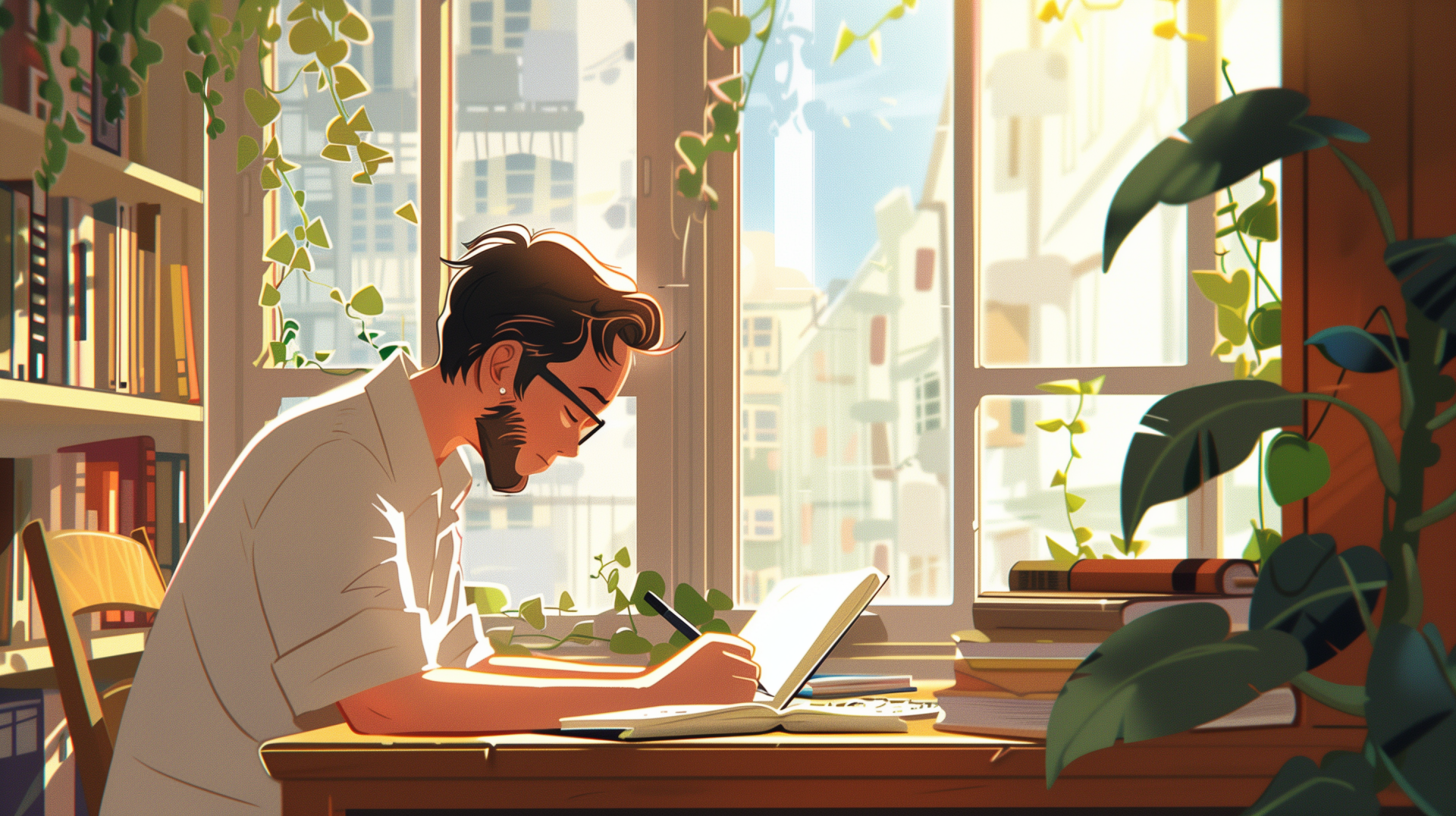 A serene cartoon scene depicting a young man studying at a desk, surrounded by sunlight and plants, creating a peaceful atmosphere for learning. HD wallpaper and background.