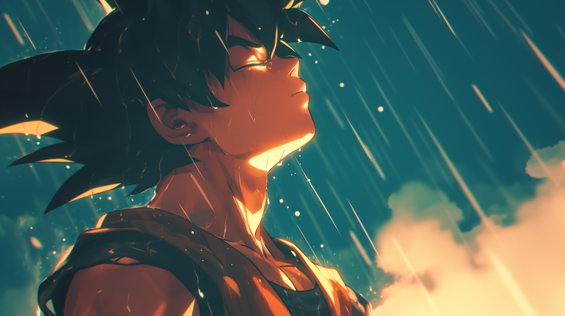 A poignant HD anime wallpaper of Goku from Dragon Ball Z, expressing sadness amidst heavy rain, capturing an emotional moment with striking visuals.