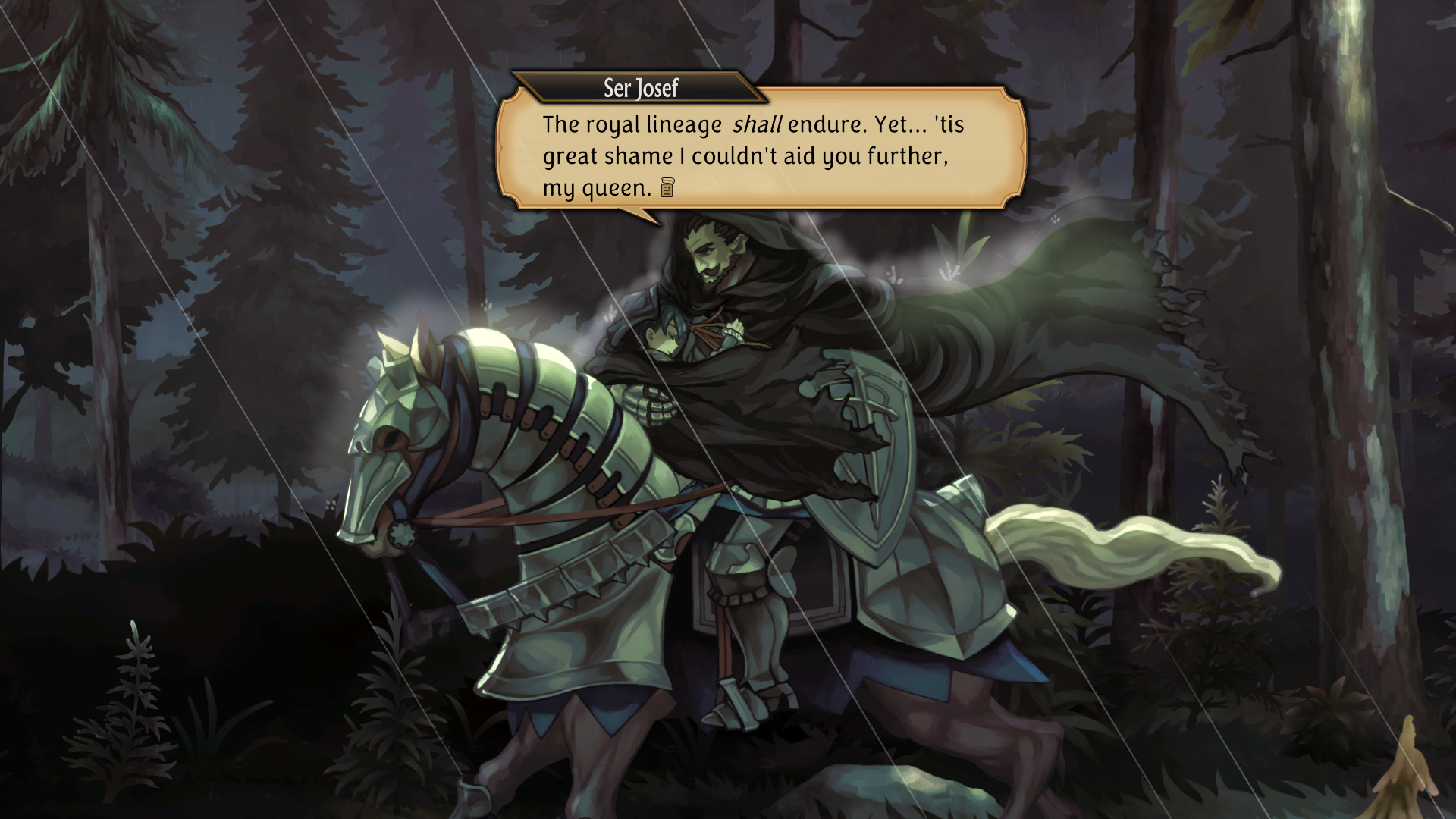 HD desktop wallpaper featuring Unicorn Overlord character from a video game, depicted as a knight on horseback in a dark forest setting.