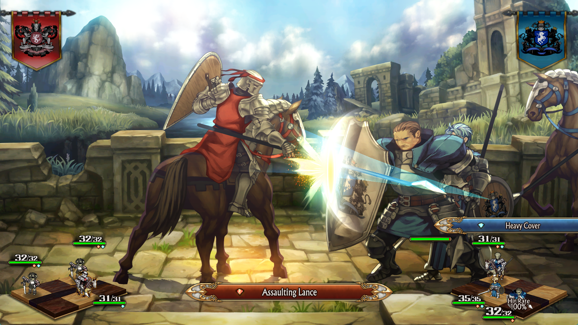 HD desktop wallpaper of a video game scene depicting a knight on a horse confronting another warrior, with a medieval fantasy backdrop, tagged with Unicorn Overlord.