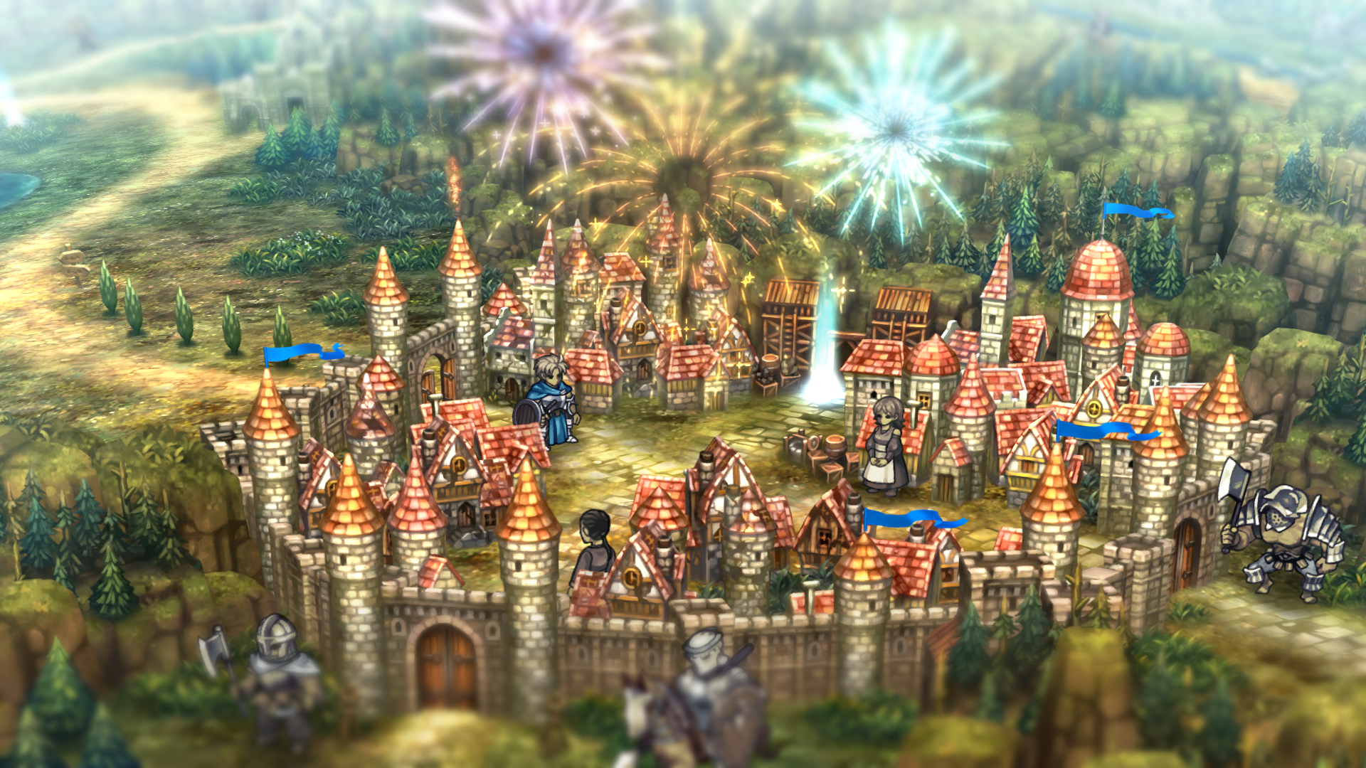 A vibrant HD wallpaper from the video game Unicorn Overlord, showcasing a medieval castle surrounded by lush landscapes and colorful fireworks in the sky.