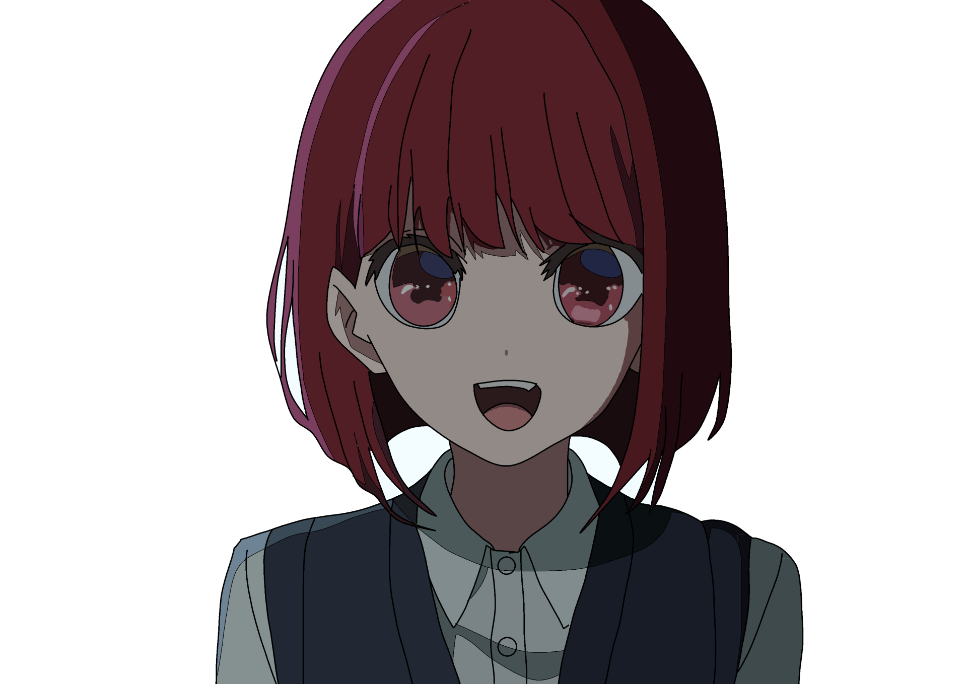 HD PC desktop wallpaper of Kana Arima from the anime Oshi no Ko, featuring her smiling with vibrant red hair and expressive eyes against a white background.