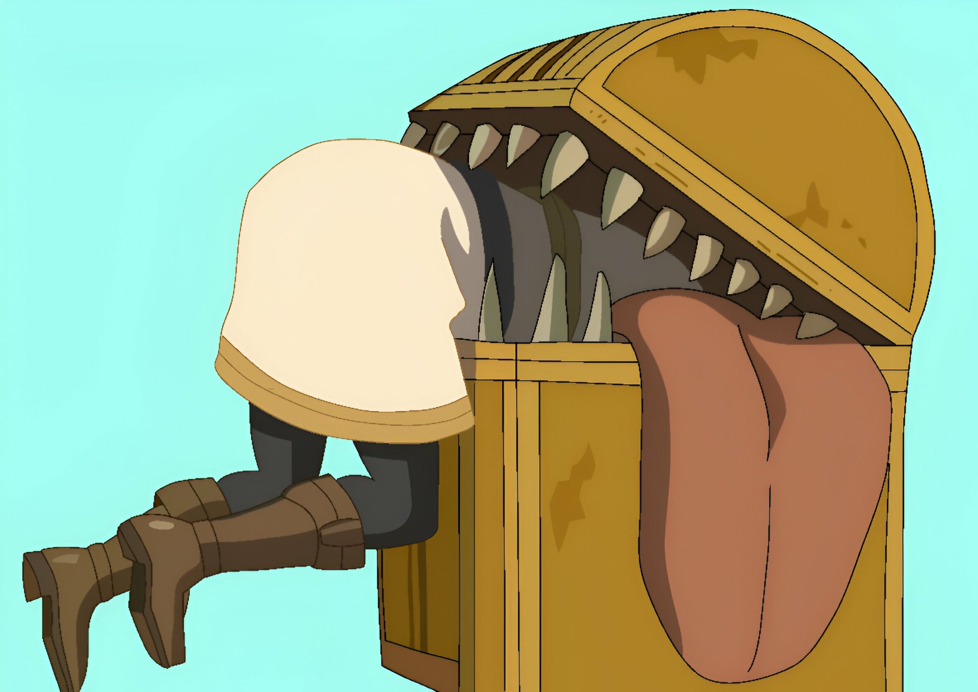 Anime-style HD desktop wallpaper featuring a character from Frieren: Beyond Journey's End interacting with a large, mouth-like object.