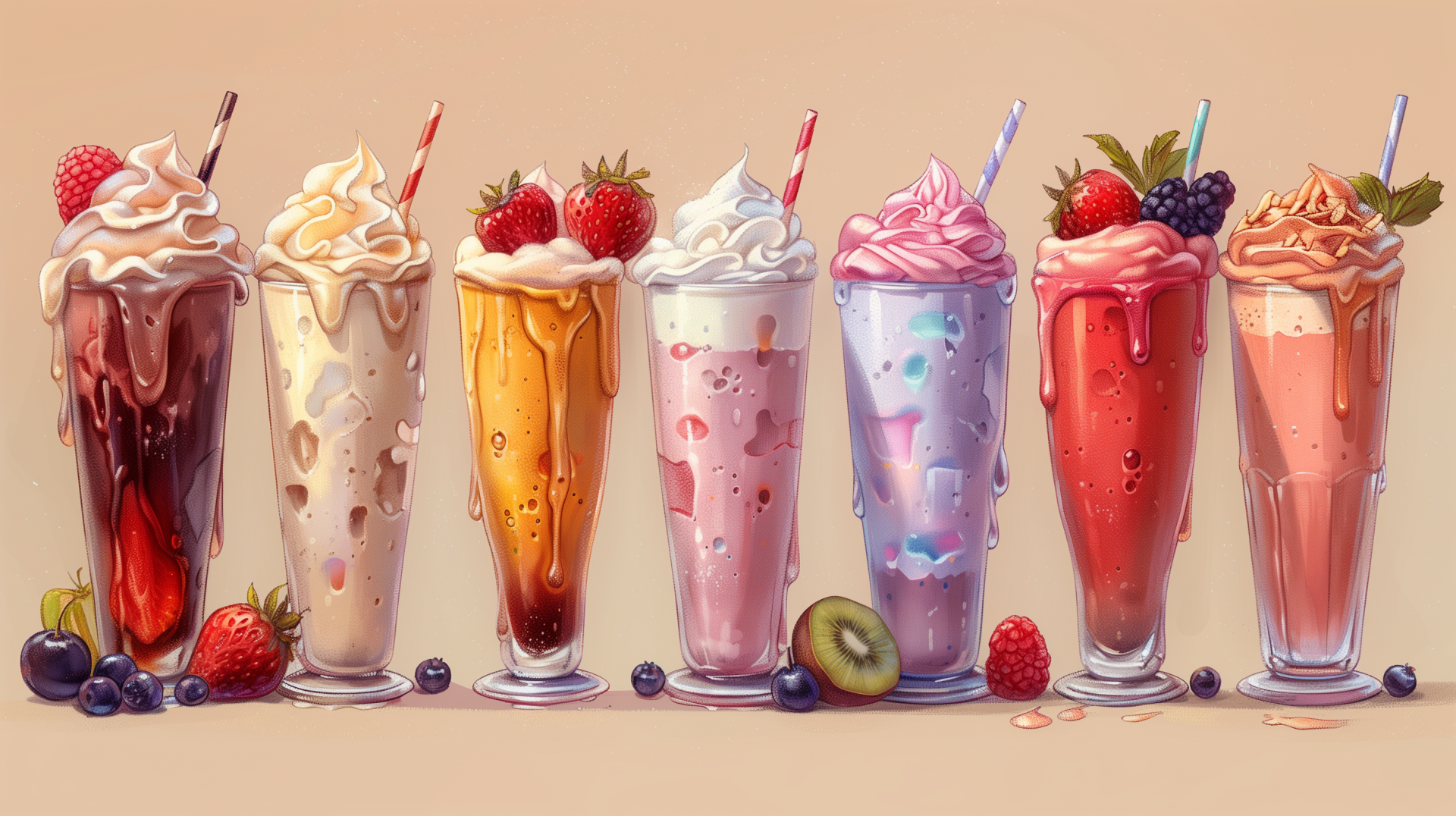 A vibrant HD desktop wallpaper featuring an array of delicious milkshakes in various flavors, topped with whipped cream and fresh fruits, set against a soft, neutral background.