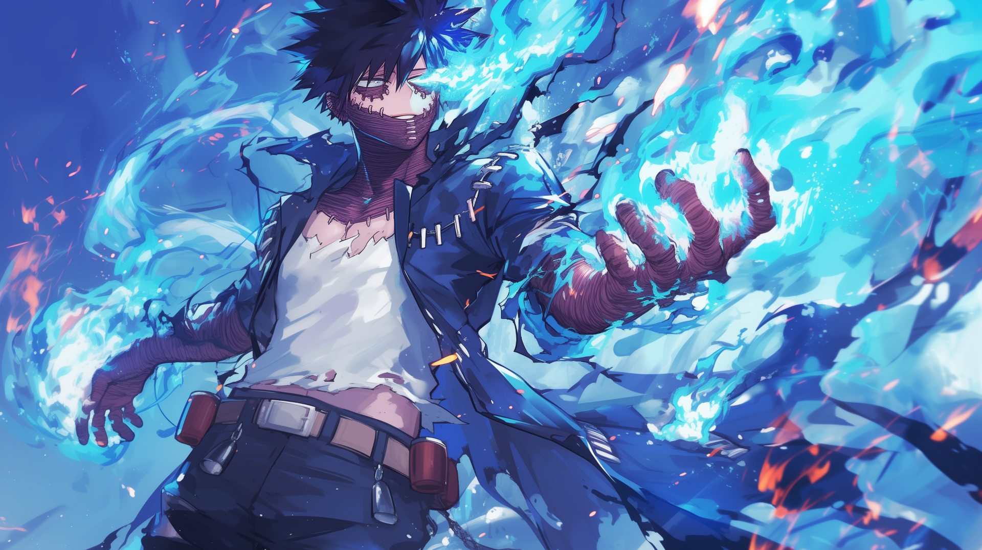 HD wallpaper featuring Dabi from My Hero Academia with blue flames for desktop background.