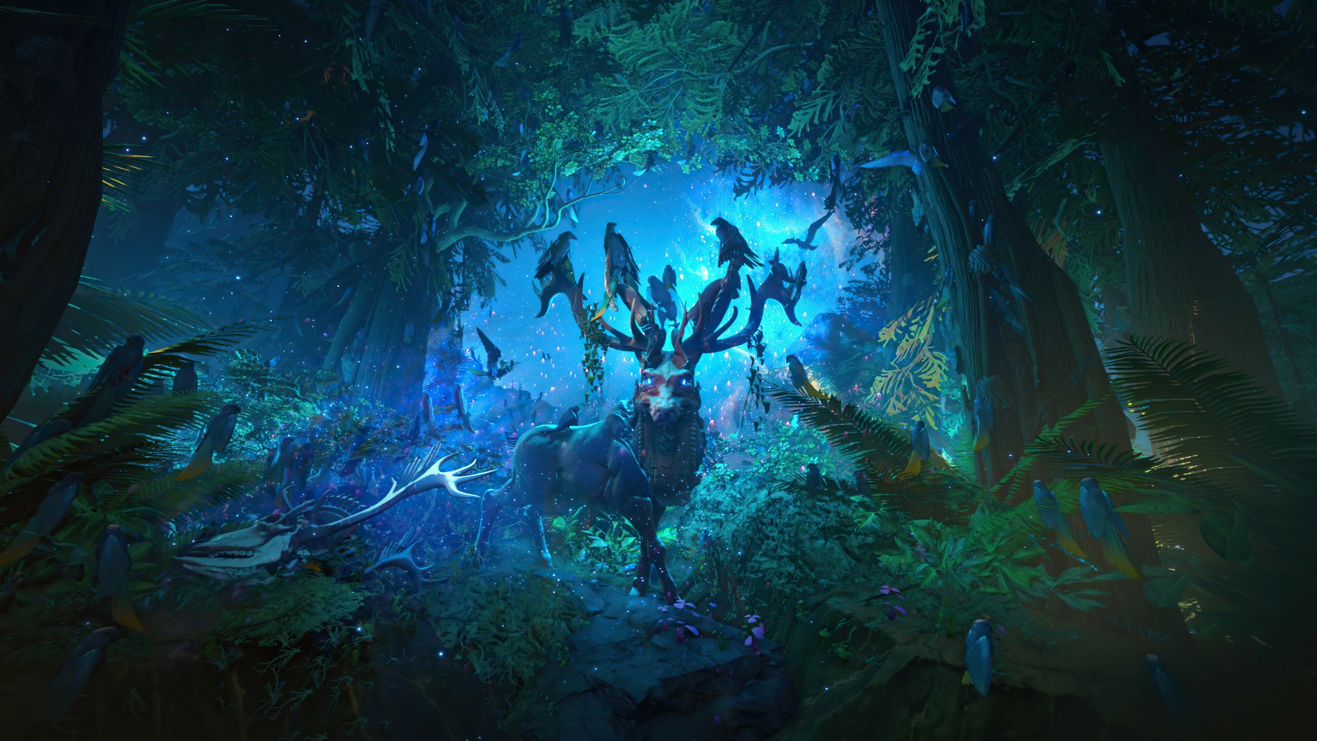A glowing stag with luminous antlers stands in an enchanted forest under blue light, depicted in a 4K Ultra HD digital fantasy landscape artwork for PC desktop wallpaper.