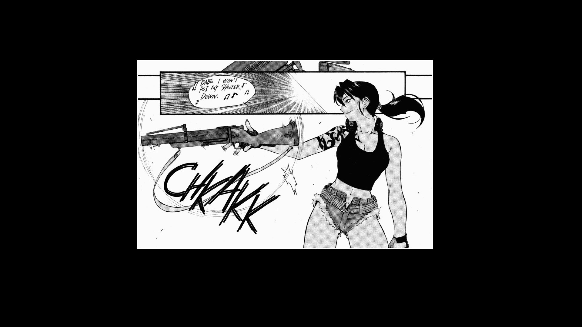 Black Lagoon anime girl in manga style aiming a rifle, depicted in monochrome for an HD PC desktop wallpaper and background.