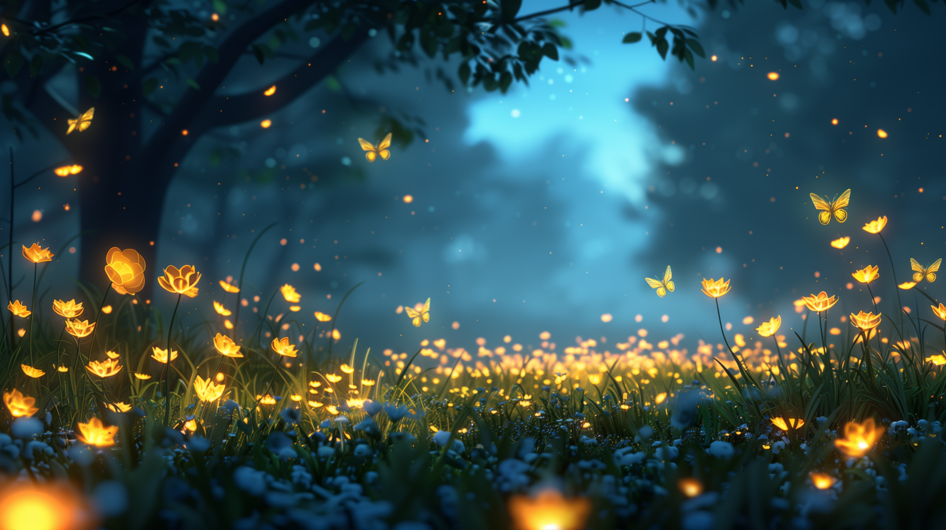 HD desktop wallpaper of a magical firefly-lit forest glade at dusk.