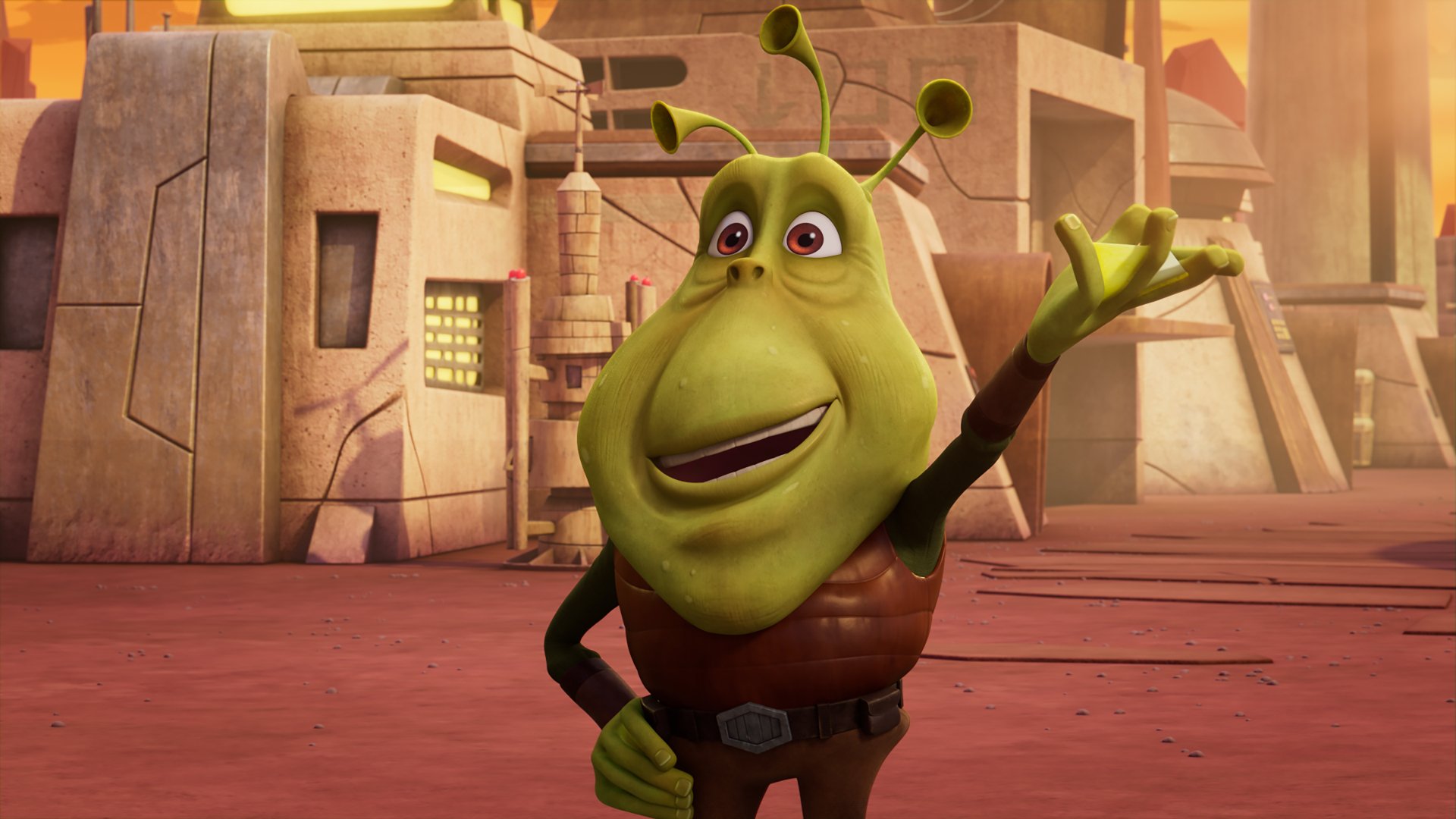 HD wallpaper featuring a character from Star Wars: Young Jedi Adventures animated TV show, set against a backdrop of a desert-like environment with architecture reminiscent of the Star Wars universe.