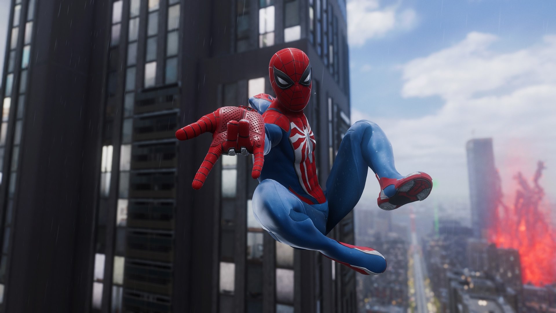 4K Ultra HD desktop wallpaper featuring Spider-Man swinging through a cityscape, showcasing Marvel's Spider-Man 2 video game with vibrant detail and dynamic action.
