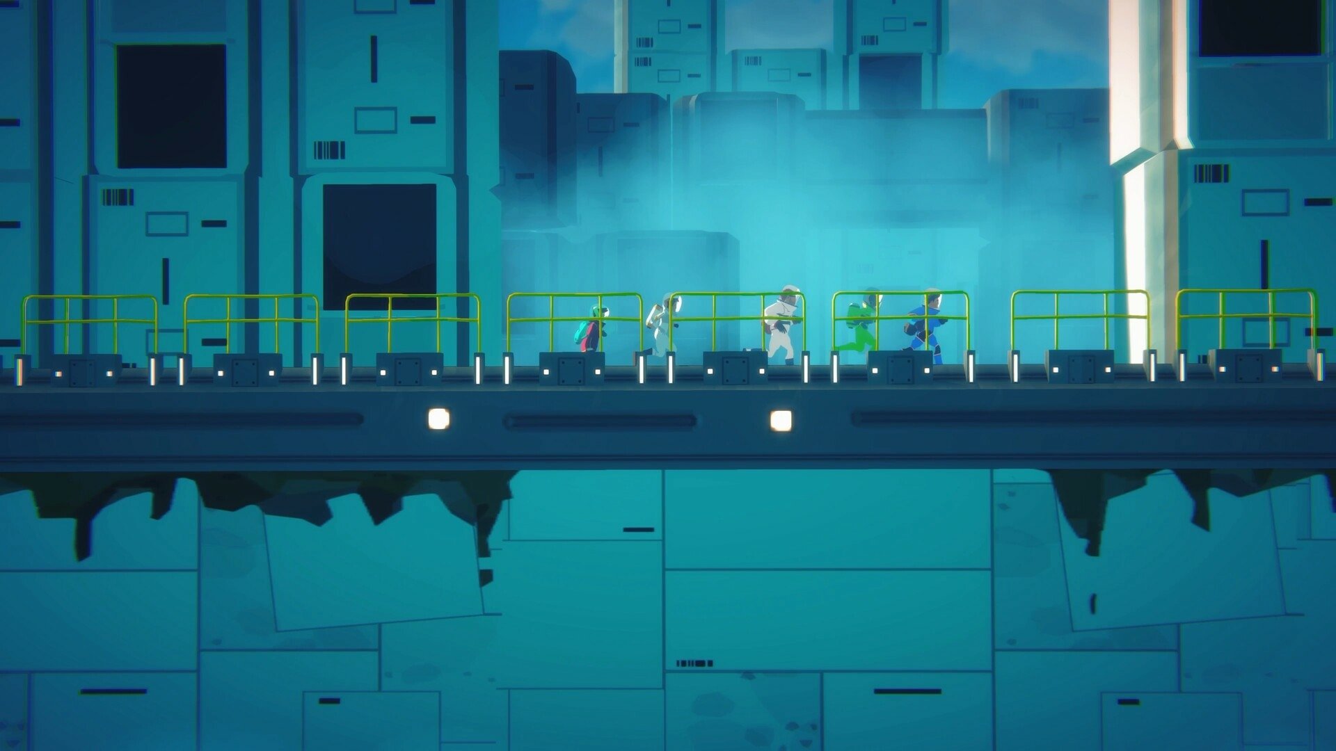 HD desktop wallpaper featuring a scene from the video game Highwater with characters on a futuristic blue-toned structure.