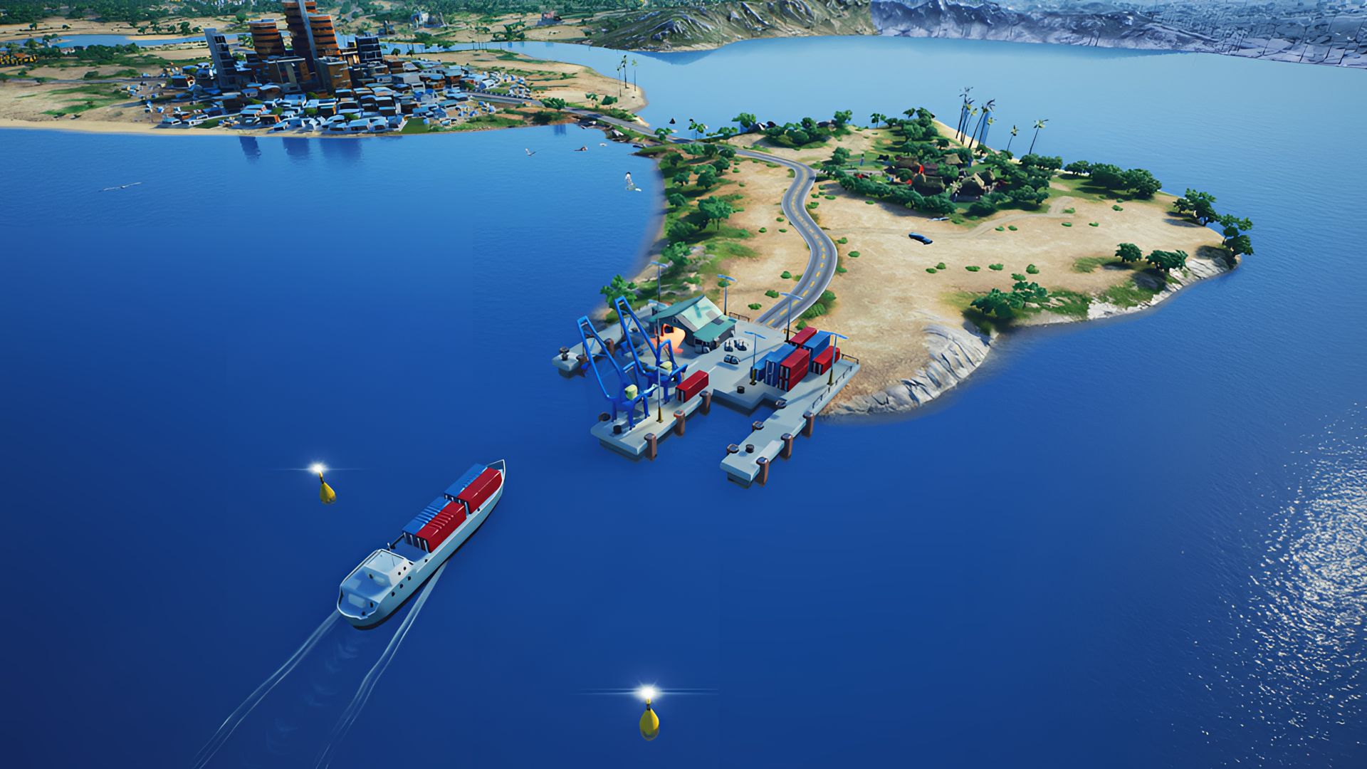 High-definition desktop wallpaper of Cartel Tycoon video game featuring a vibrant coastal scene with a shipping dock, boats, and a bustling town.