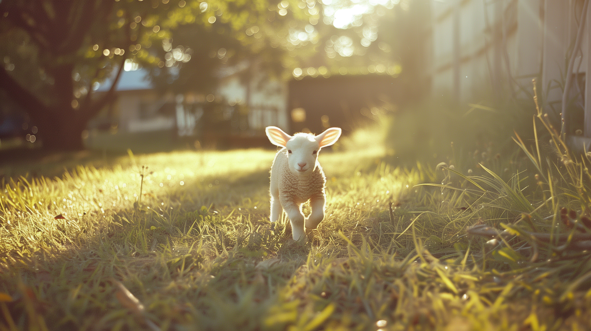 A cute lamb frolics through sunlit grass, surrounded by a tranquil outdoor setting, making this a charming HD desktop wallpaper and background.
