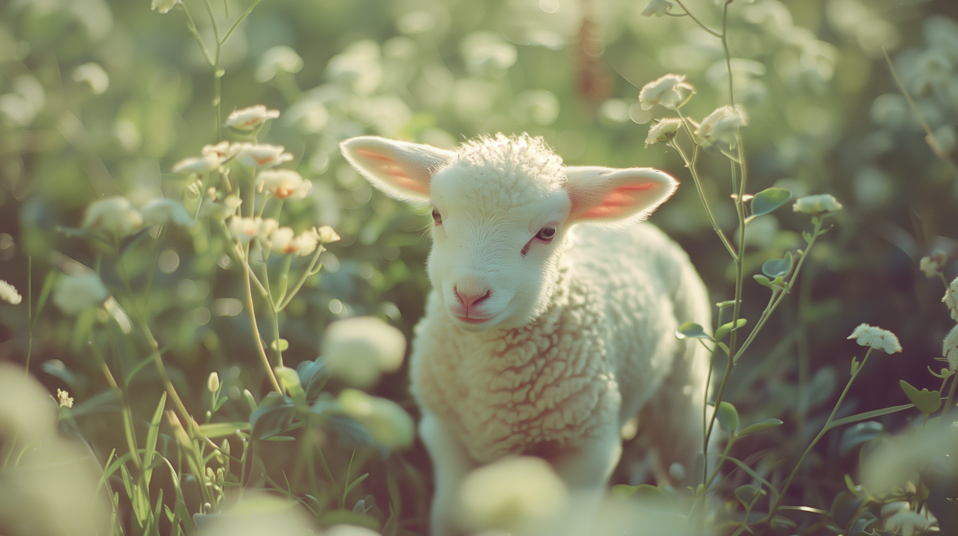 A charming lamb stands among soft white flowers, captured in a serene HD wallpaper that brings a touch of nature to any desktop background.