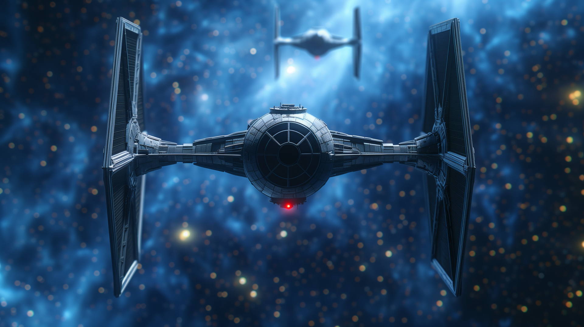 HD desktop wallpaper featuring TIE Fighter fan art with a prominent spacecraft against a starry space backdrop.