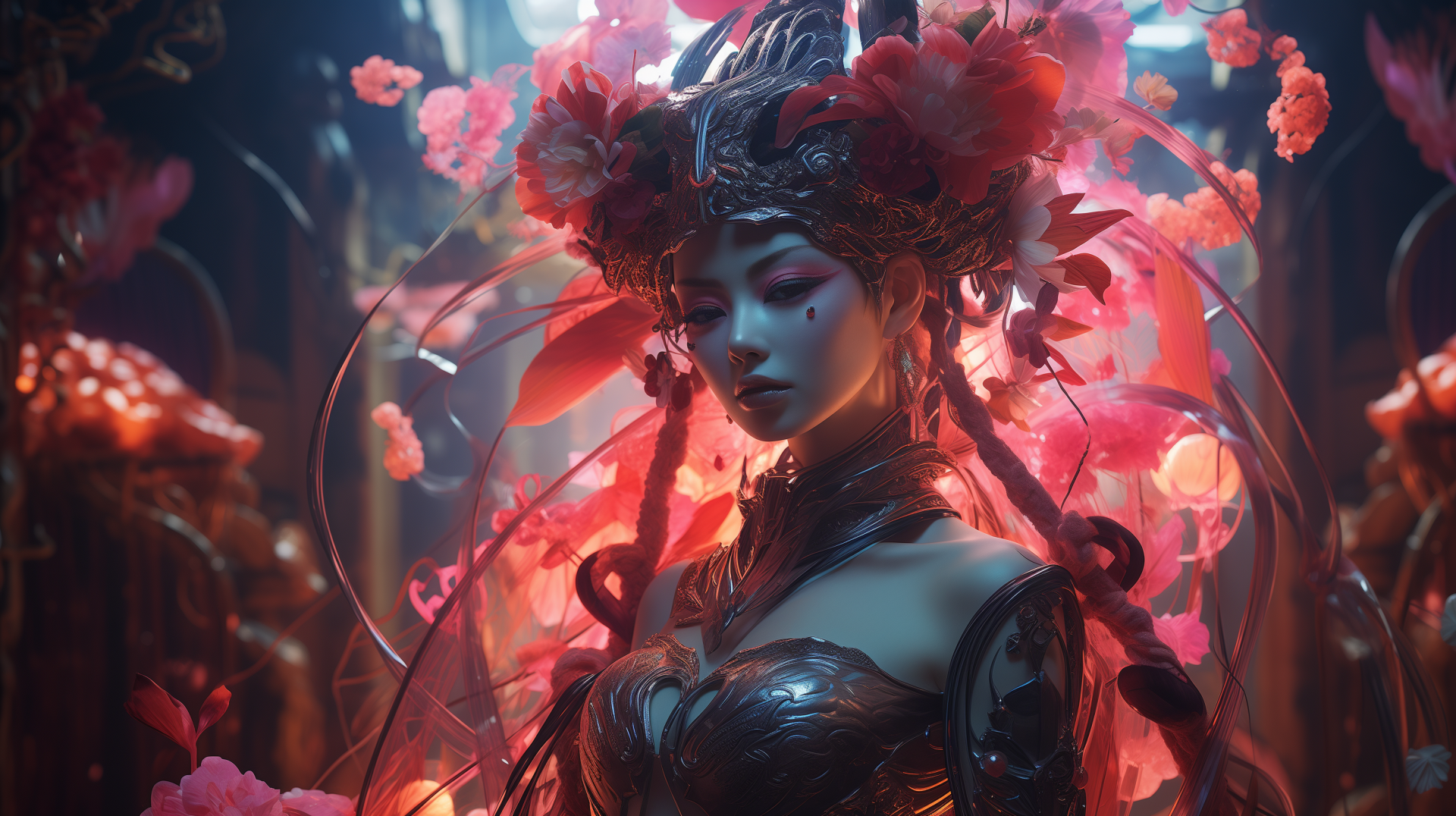 Fantasy-themed HD PC desktop wallpaper featuring a warrior geisha adorned with intricate headgear and surrounded by vibrant red blossoms, created with AI art.