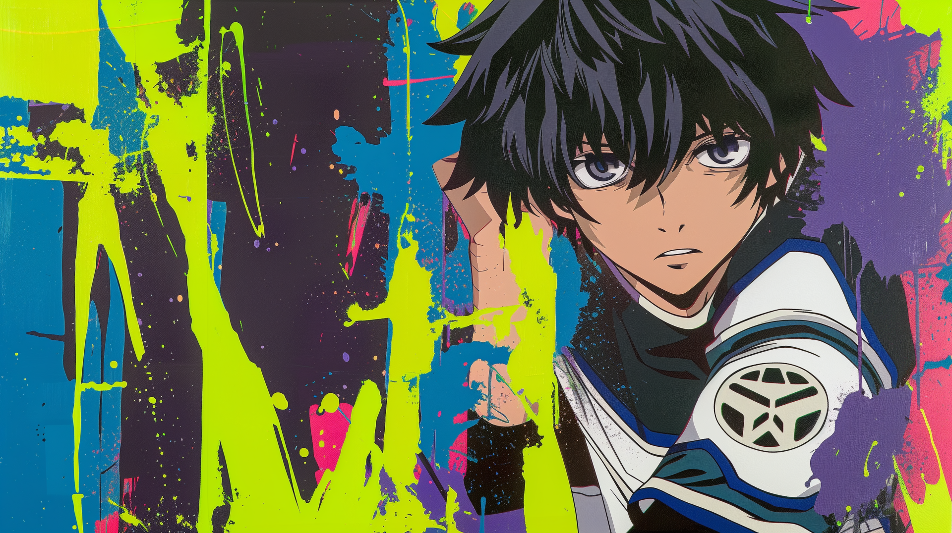 HD wallpaper of Isagi Yoichi from Blue Lock anime, featuring a colorful splatter background.