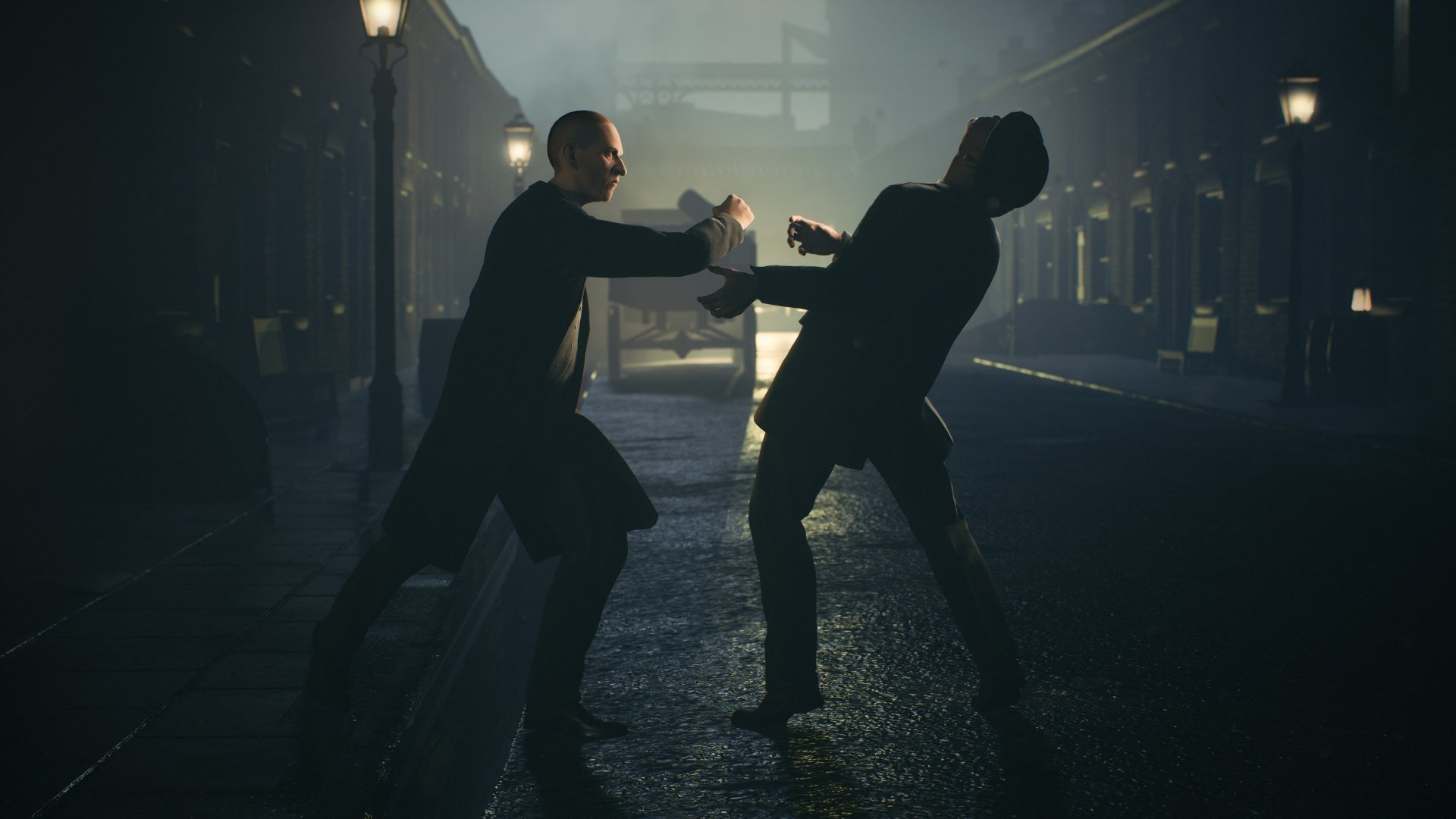 HD wallpaper of Peaky Blinders: The King's Ransom video game depicting a tense nighttime standoff scene on a foggy street.