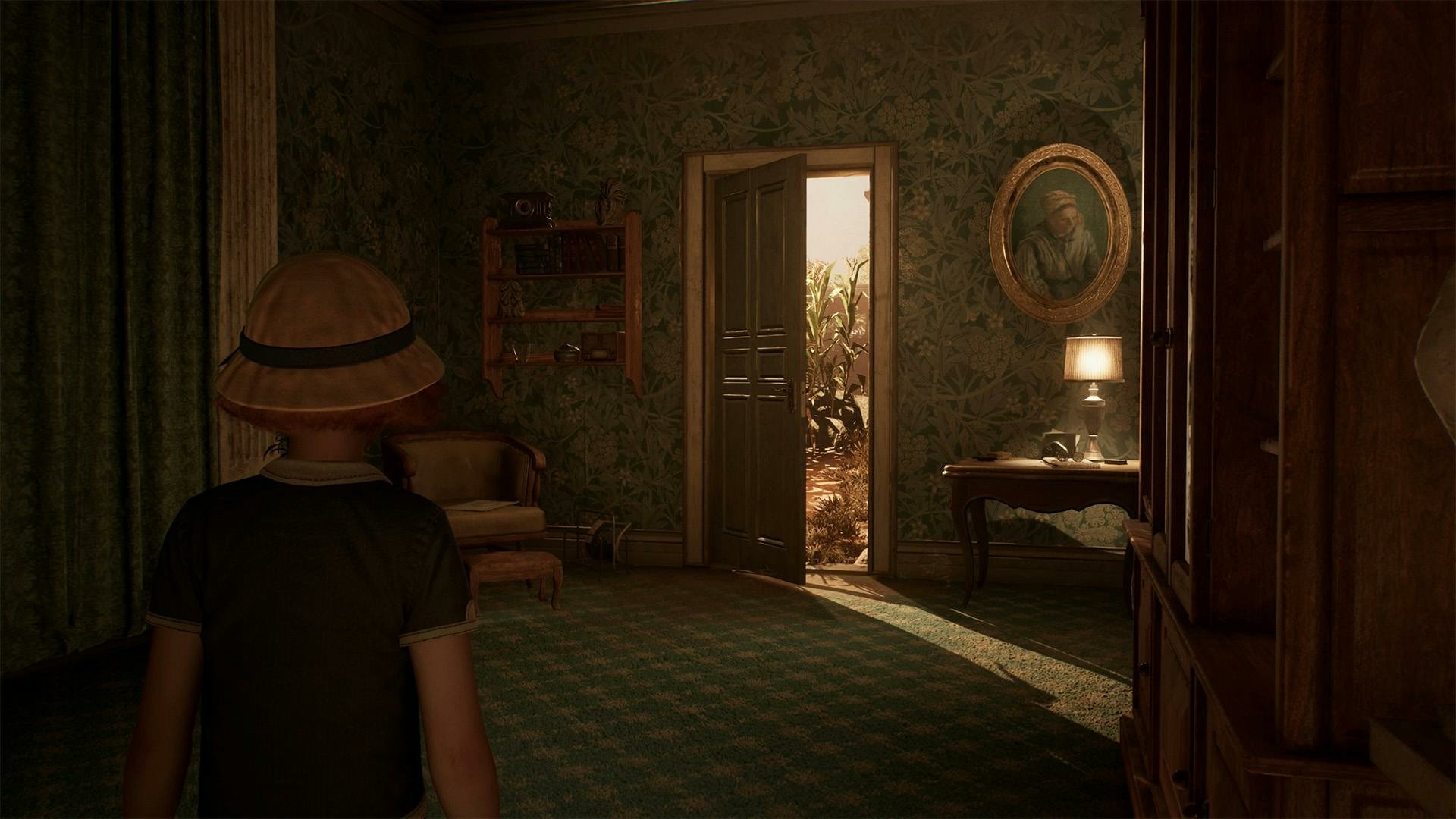 HD wallpaper featuring a scene from the 2024 video game Alone in the Dark with a character standing in a dimly lit vintage room, facing an open door.