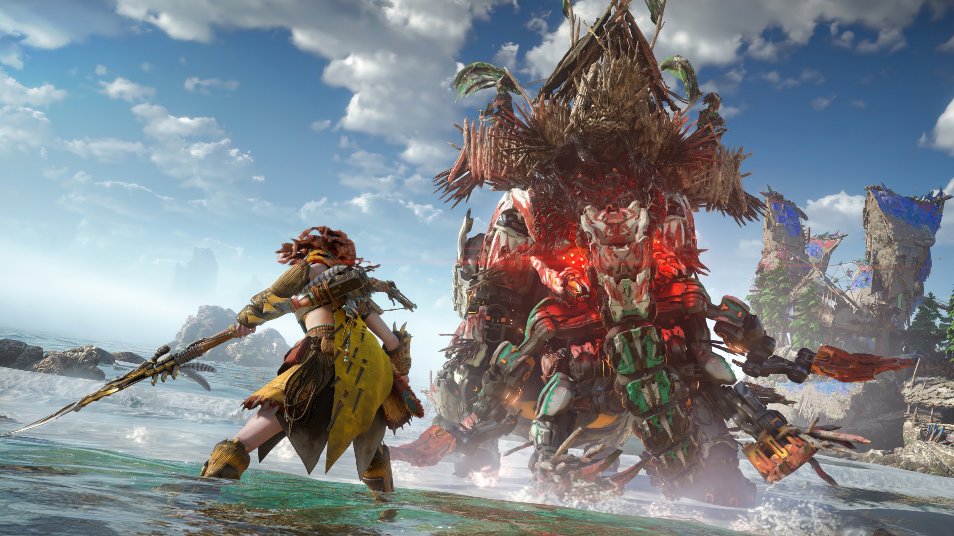 A stunning HD desktop wallpaper from Horizon Forbidden West, featuring a warrior facing a massive, intricately designed mechanical beast against a vibrant landscape.