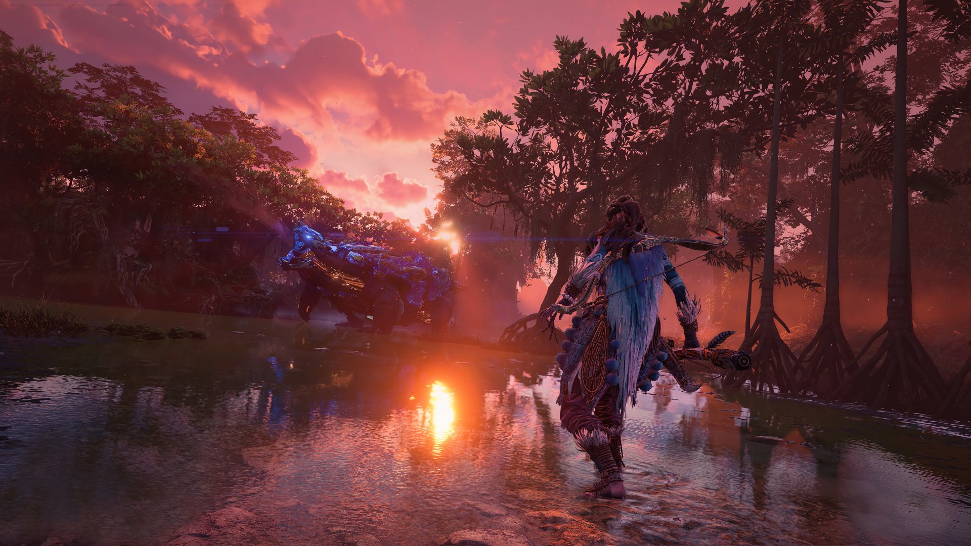 HD wallpaper of Horizon Forbidden West with protagonist and mechanical creature in a scenic landscape at sunset.