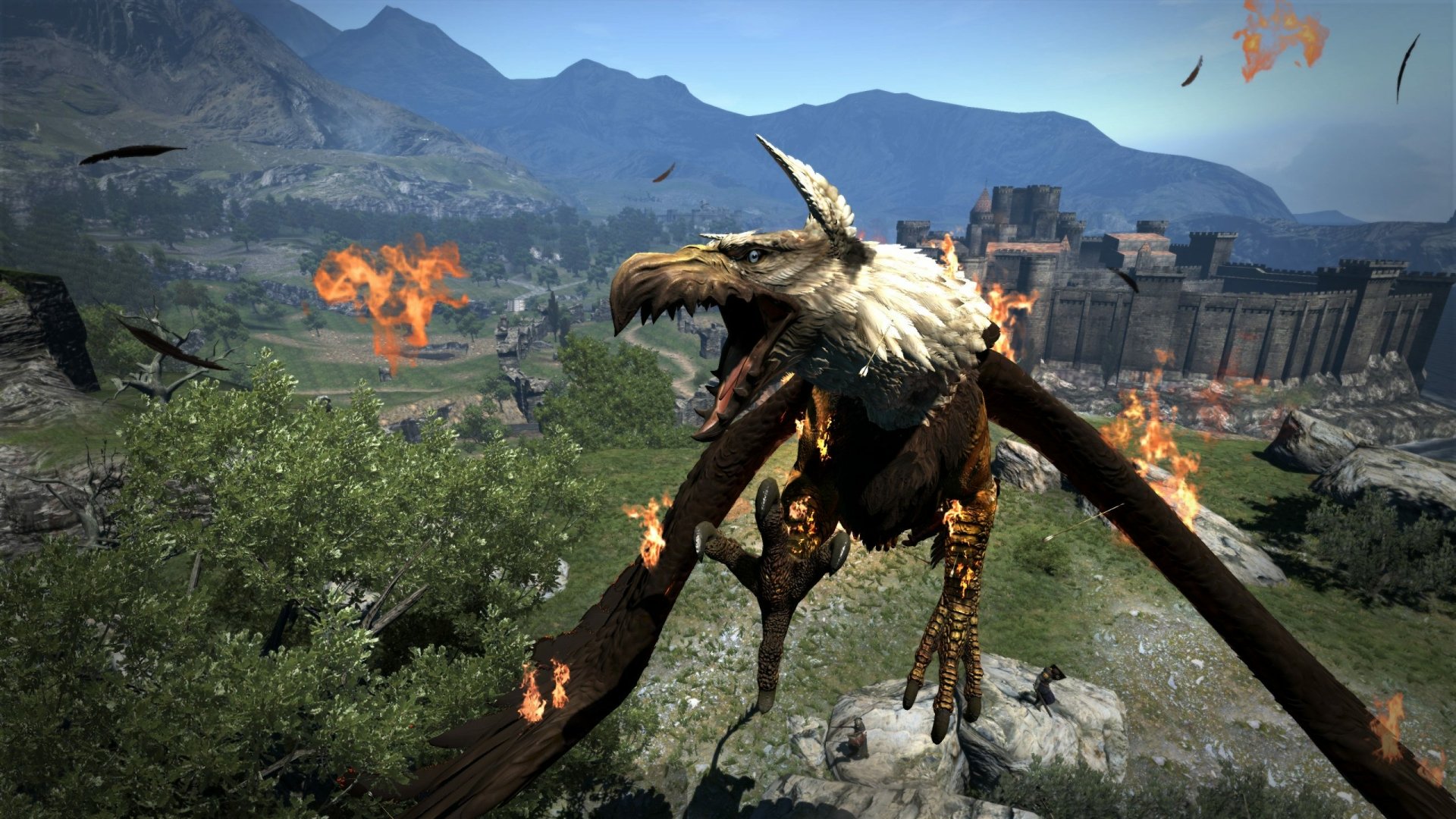 An intense scene from Dragon's Dogma 2 featuring a fiery dragon soaring over a dramatic landscape, creating a stunning HD desktop wallpaper and background.