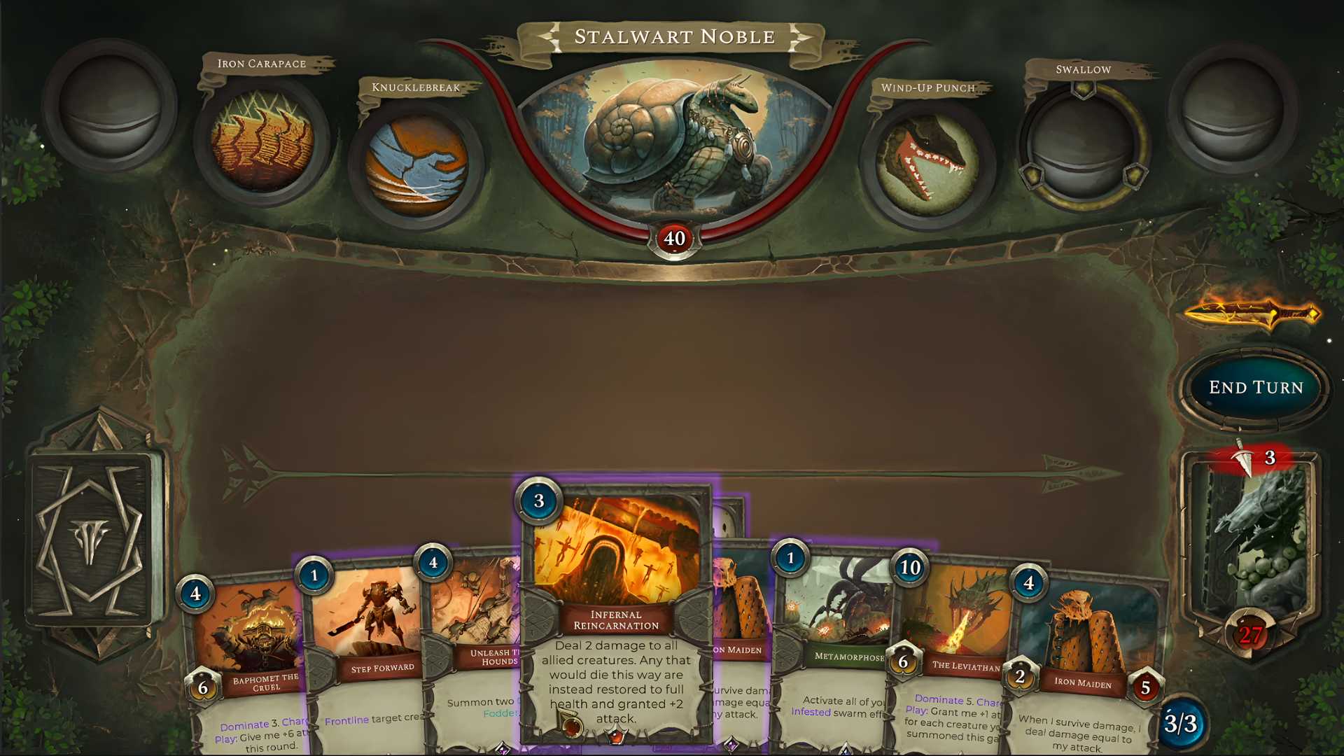 High-definition desktop wallpaper featuring a video game interface with Acolyte of the Altar card, showcasing a fantasy card game battle scene.