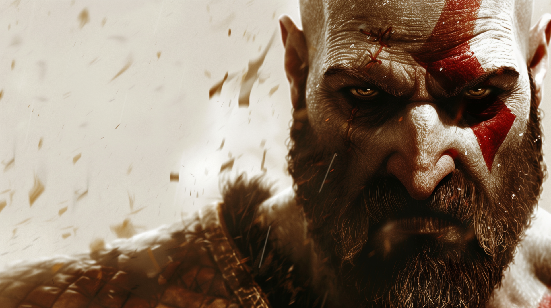 HD wallpaper featuring the close-up of the video game character Kratos from God of War, with a detailed depiction of his fierce expression and iconic red face paint.