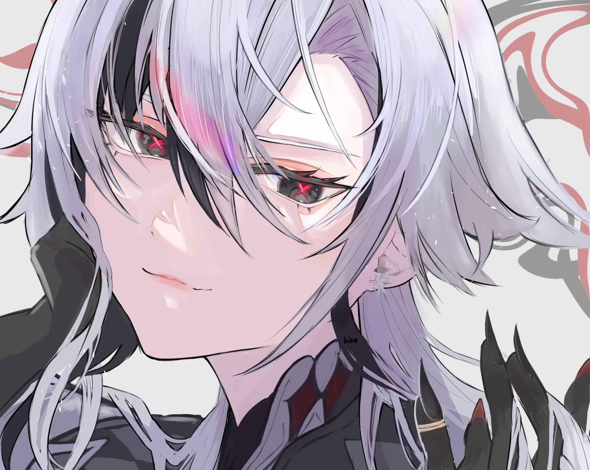 HD PC desktop wallpaper featuring a close-up of Arlecchino from Genshin Impact with striking silver hair and red eyes in detailed anime style.