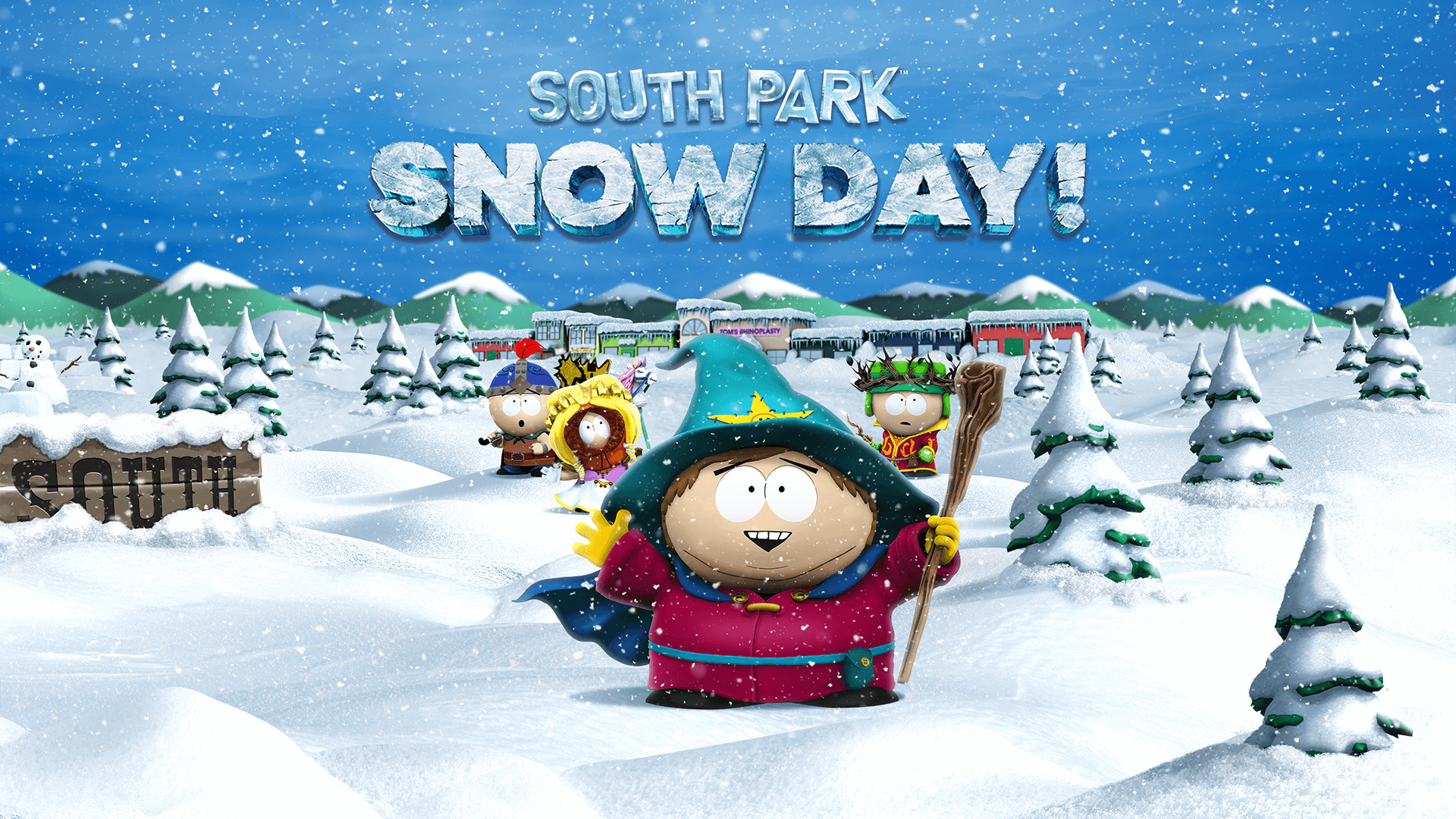 A vibrant HD wallpaper featuring characters from South Park: Snow Day! against a snowy landscape, capturing the humor and spirit of the iconic video game.