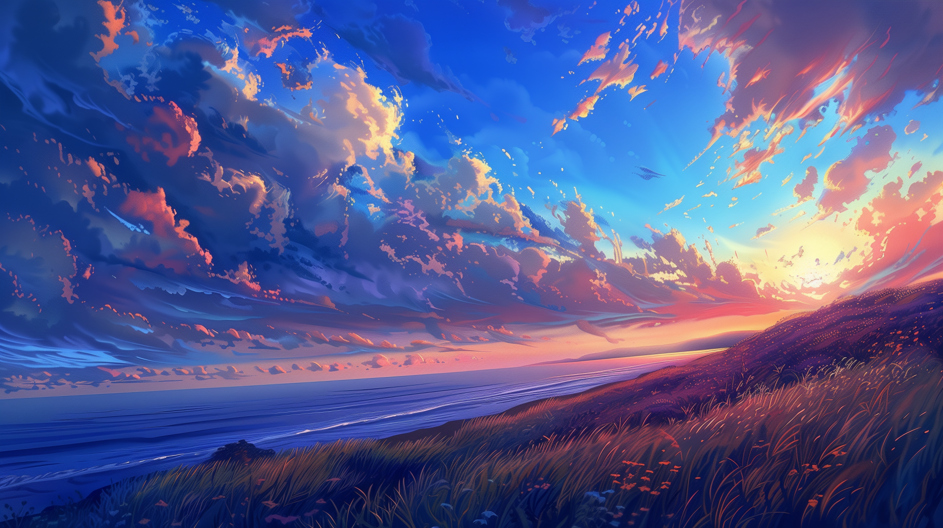 A stunning HD wallpaper depicting a vibrant dawn sky, filled with colorful clouds over a tranquil ocean and grassy landscape, capturing the beauty of the early morning light.