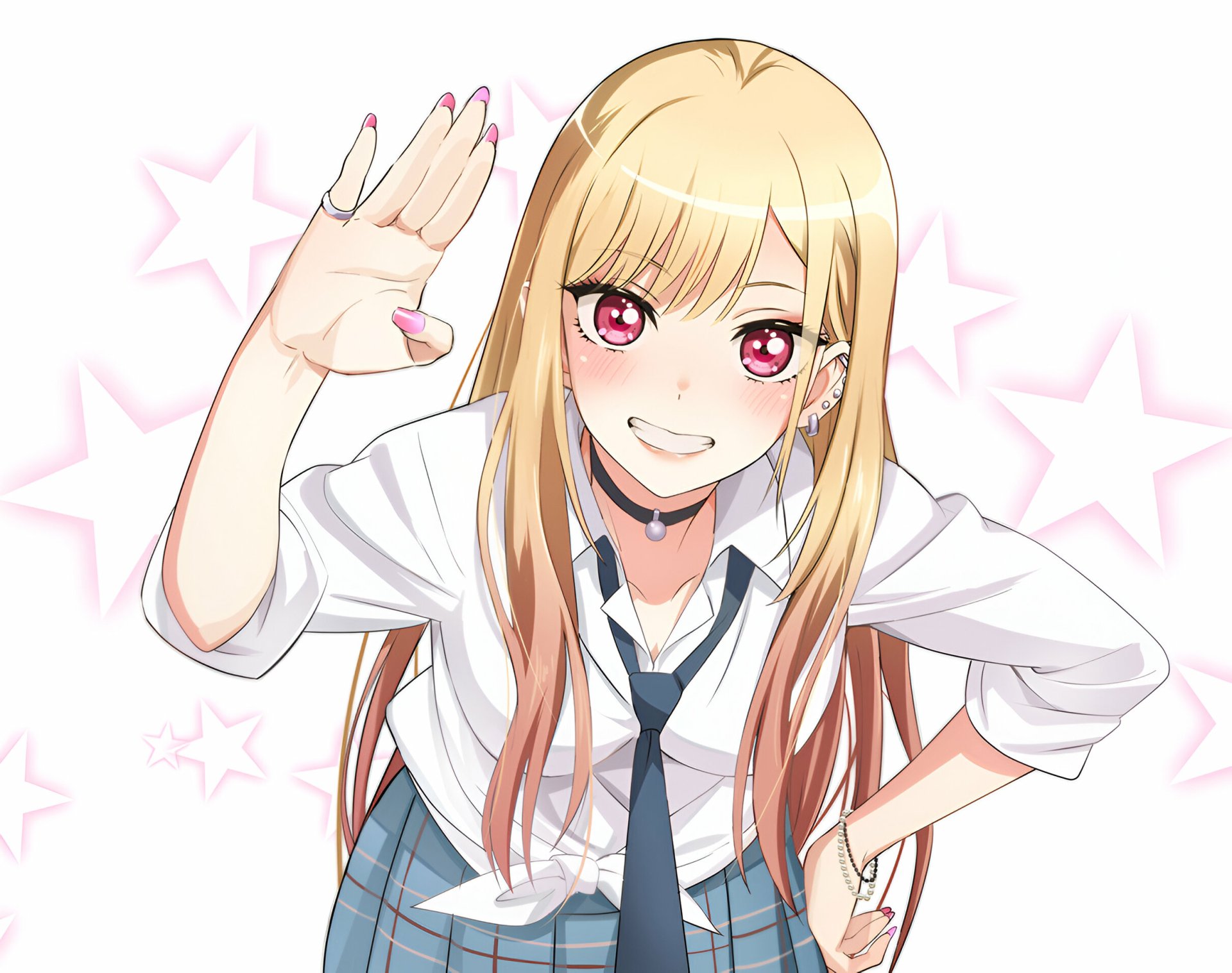 HD PC desktop wallpaper of Marin Kitagawa (My Dress-Up Darling): smiling blonde anime girl in a school uniform, waving with pink star-patterned background.