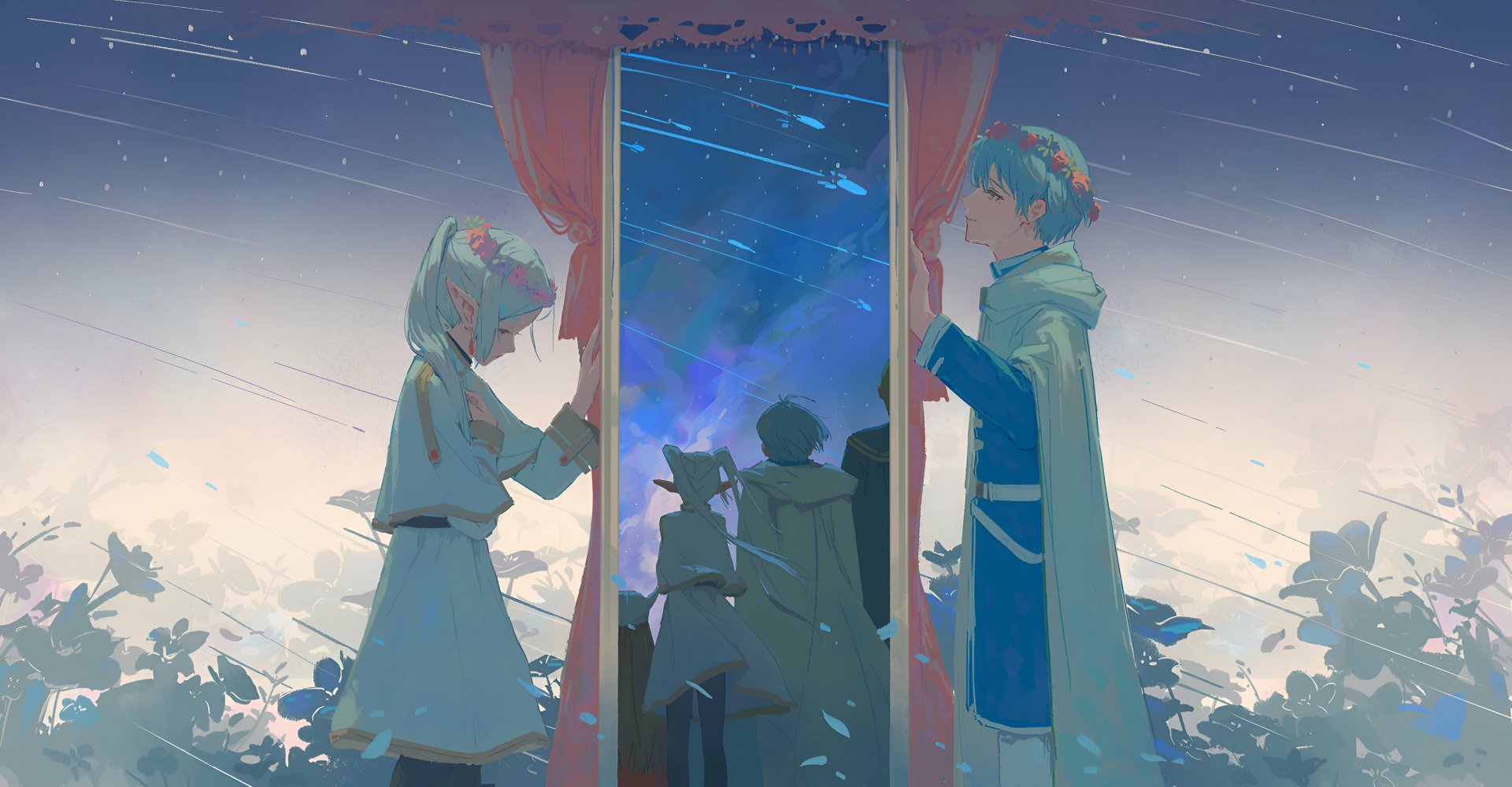 HD PC desktop wallpaper featuring anime characters Frieren and Himmel from Frieren: Beyond Journey's End, standing by a window with a starry night sky.