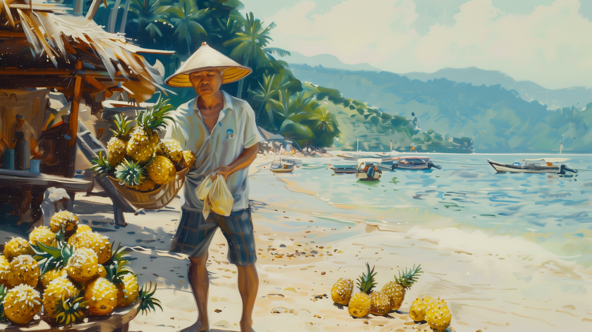 A vibrant HD desktop wallpaper featuring a man in traditional attire carrying fresh pineapples along a sunlit beach, with palm trees and boats in the background.