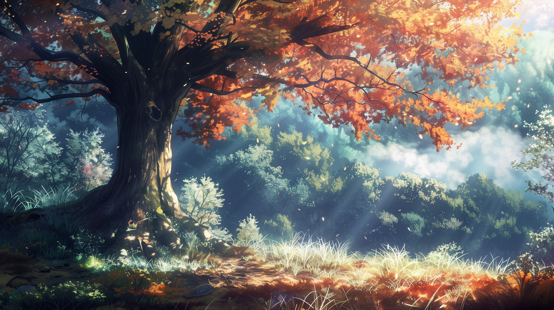 HD desktop wallpaper featuring a serene autumn scene with a majestic tree adorned in vibrant fall colors and sunlight filtering through the foliage.