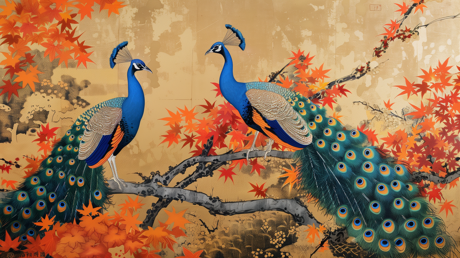 Two majestic peacocks with vibrant plumage perched on a branch with autumn leaves, HD peacock wallpaper background.