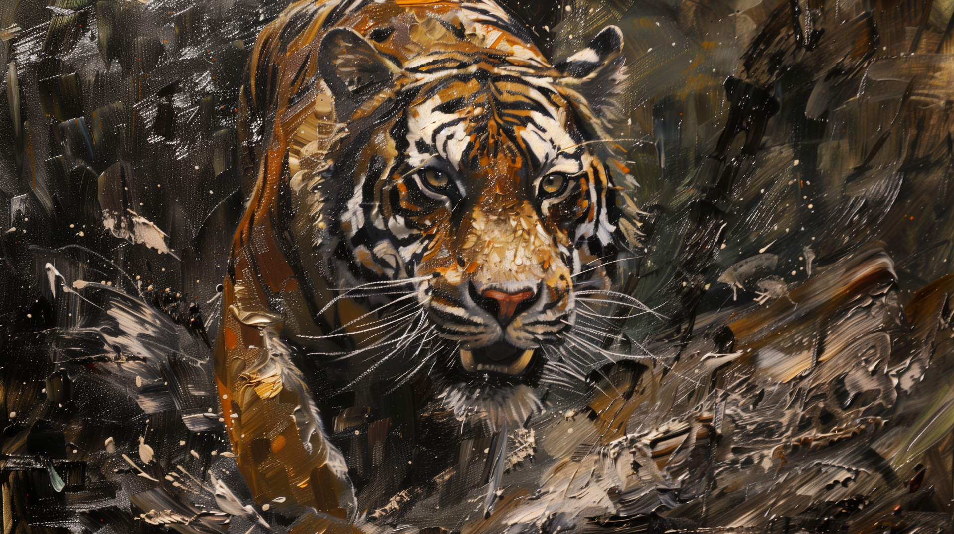 A majestic Bengal tiger prowls through a dynamic, textured landscape, captured in stunning HD, creating an impressive desktop wallpaper and background.