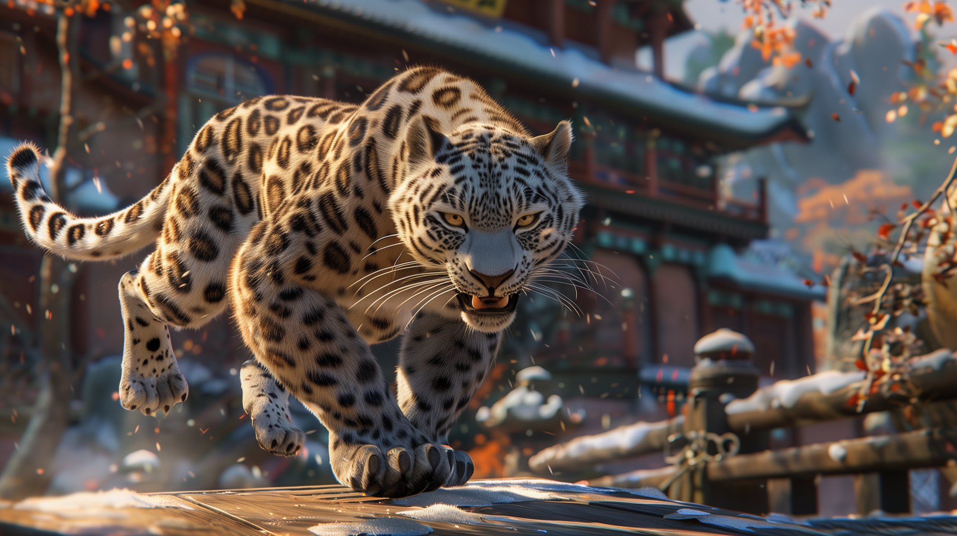 HD desktop wallpaper featuring a dynamic pose of Tai Lung from the movie Kung Fu Panda set against an Oriental-themed backdrop.