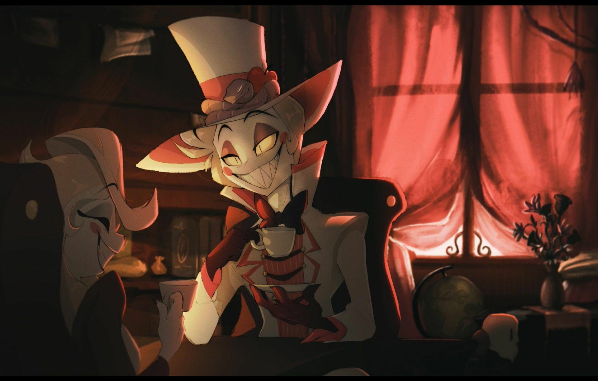 A vibrant HD wallpaper featuring characters from Hazbin Hotel, showcasing Lucifer and Charlie Morningstar in a warmly lit setting with rich colors and detailed backgrounds.