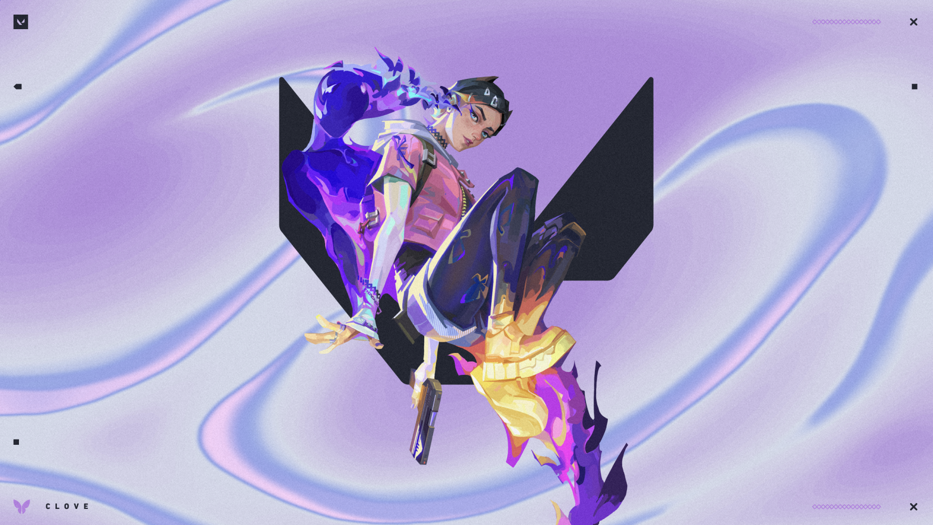HD PC desktop wallpaper featuring Valorant agent Clove with vibrant purple and yellow effects against a smooth, wavy light purple background.