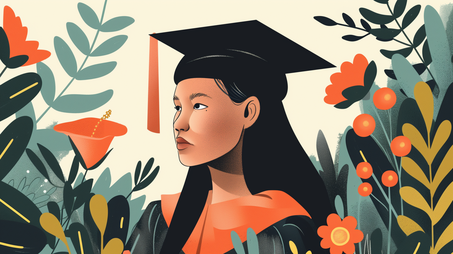 A woman in a graduation cap and gown stands amidst vibrant flowers, symbolizing achievement and new beginnings in this HD desktop wallpaper.