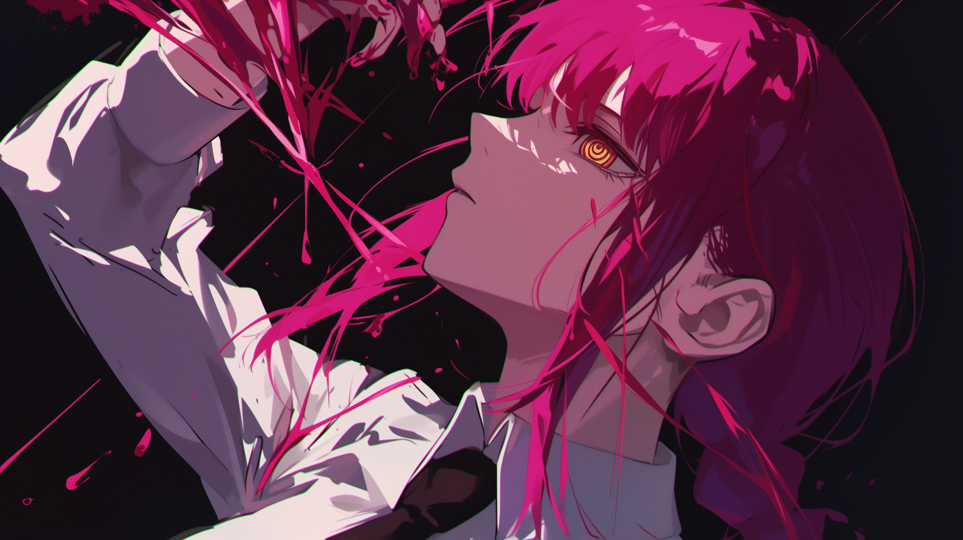 Vibrant HD wallpaper featuring Makima from Chainsaw Man, showcasing her striking gaze and vivid pink hair against a dark background, intricately blended with red splashes.