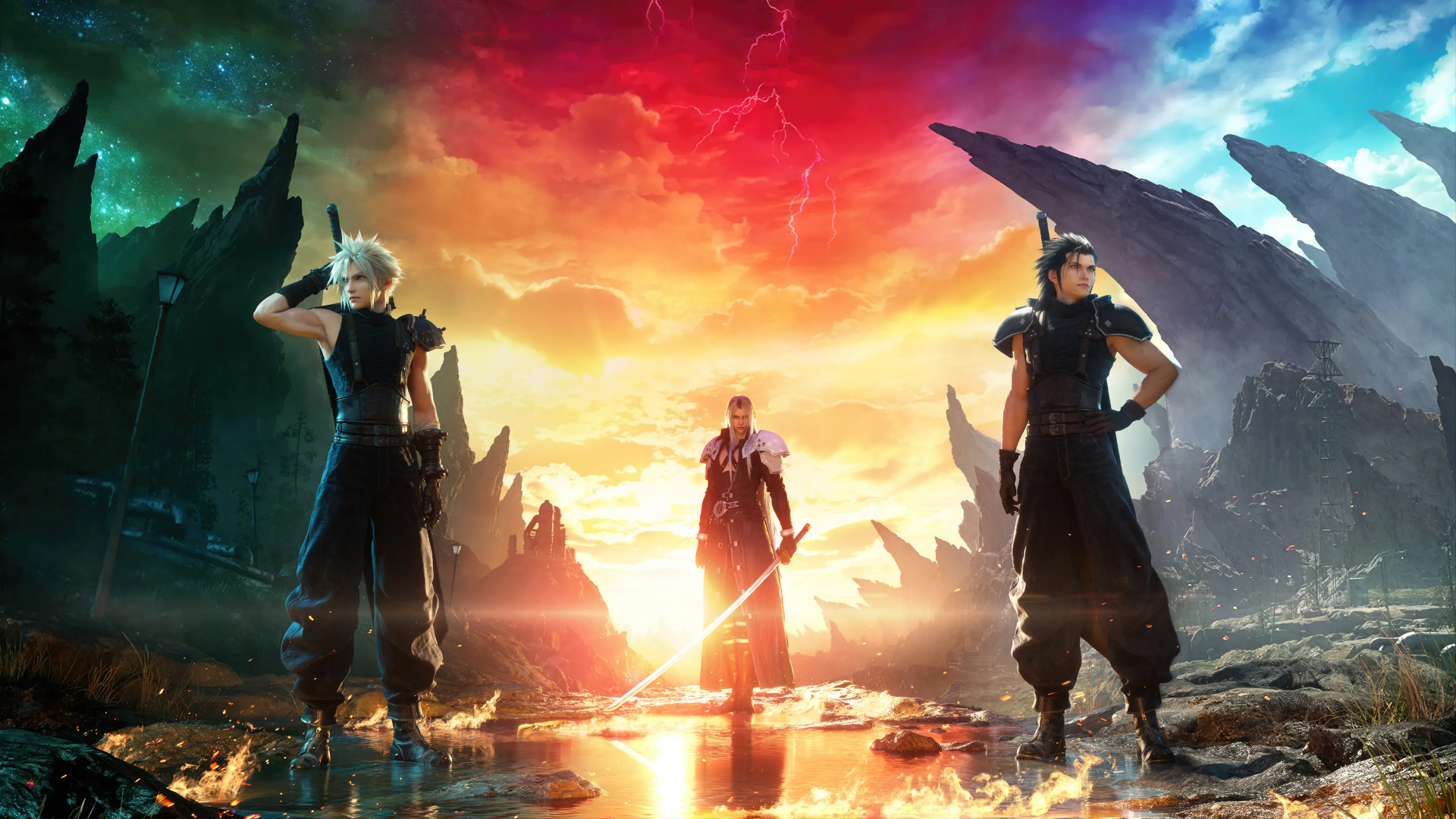 HD desktop wallpaper featuring Cloud Strife and characters from Final Fantasy VII Rebirth with a vivid, dynamic sky in the backdrop.