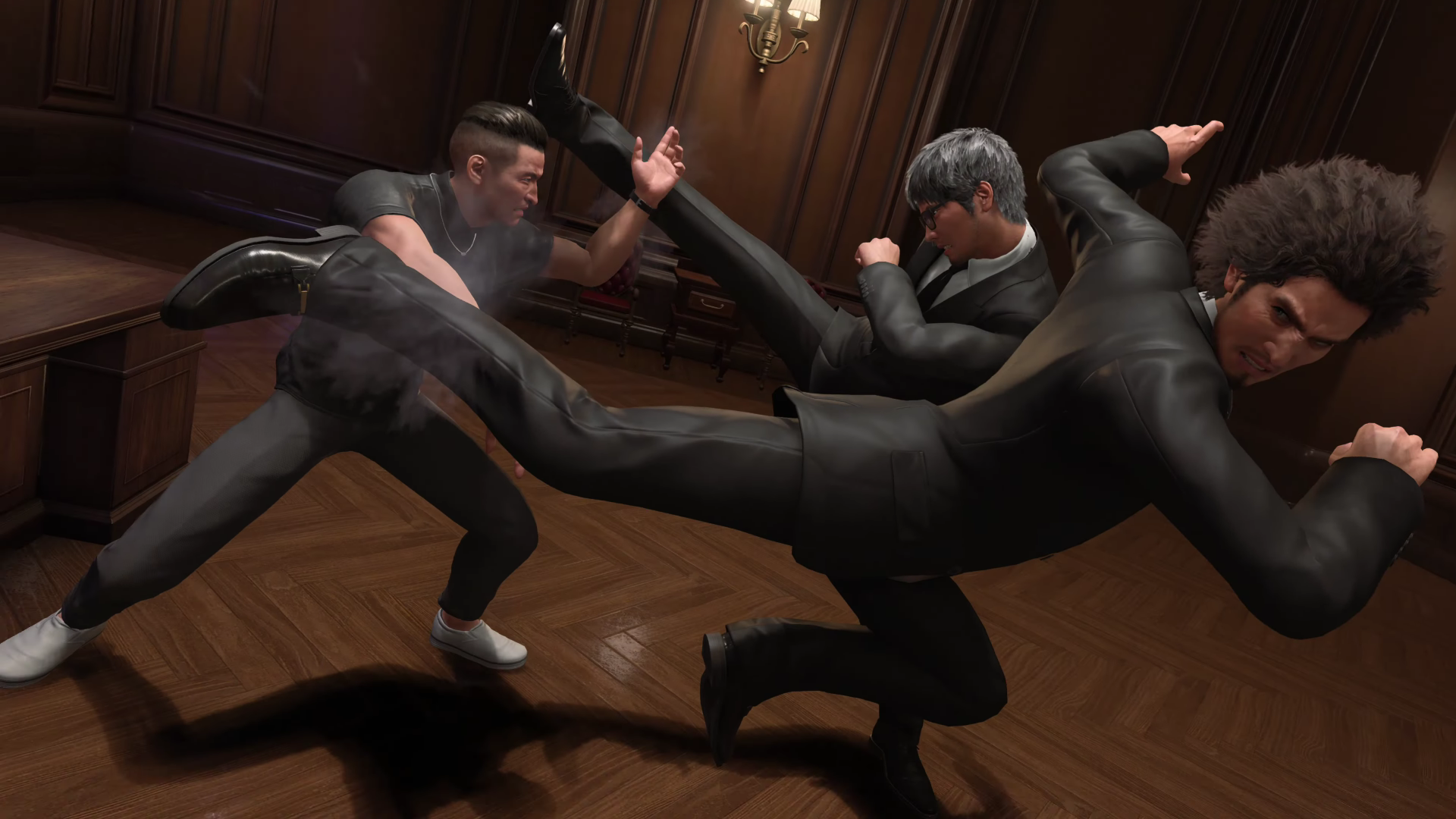 HD wallpaper of an action scene from Like a Dragon: Infinite Wealth video game featuring characters engaged in a dynamic fight.