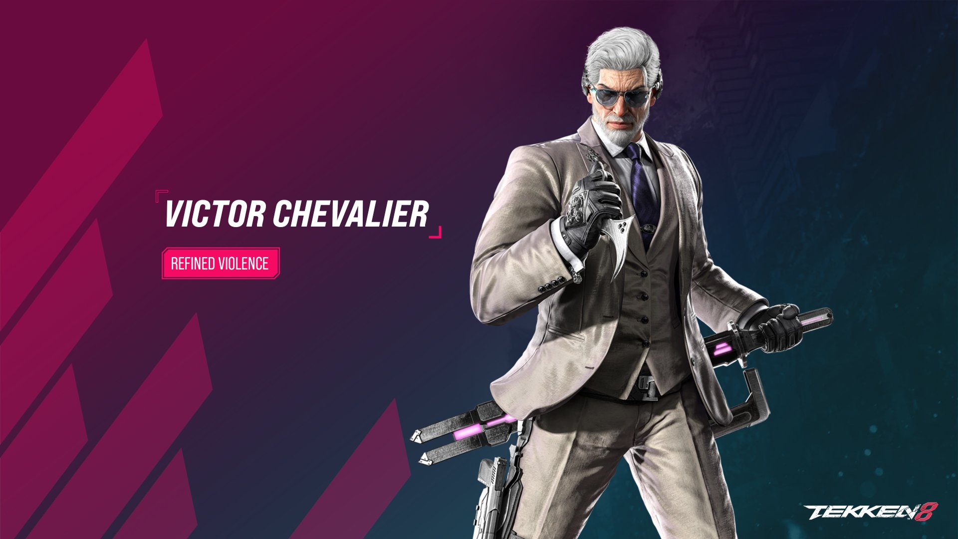Victor Chevalier character from Tekken 8 video game featured in an HD desktop wallpaper with vibrant background and text 'REFINED VIOLENCE'.