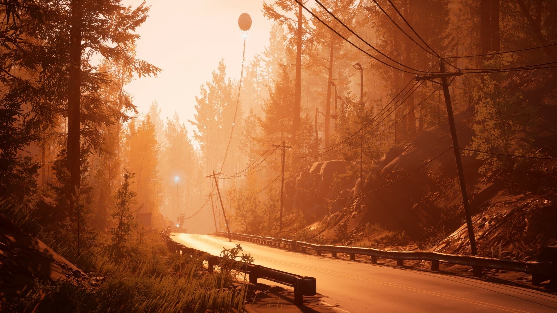 HD desktop wallpaper of Pacific Drive video game featuring a serene forest road bathed in golden sunlight.