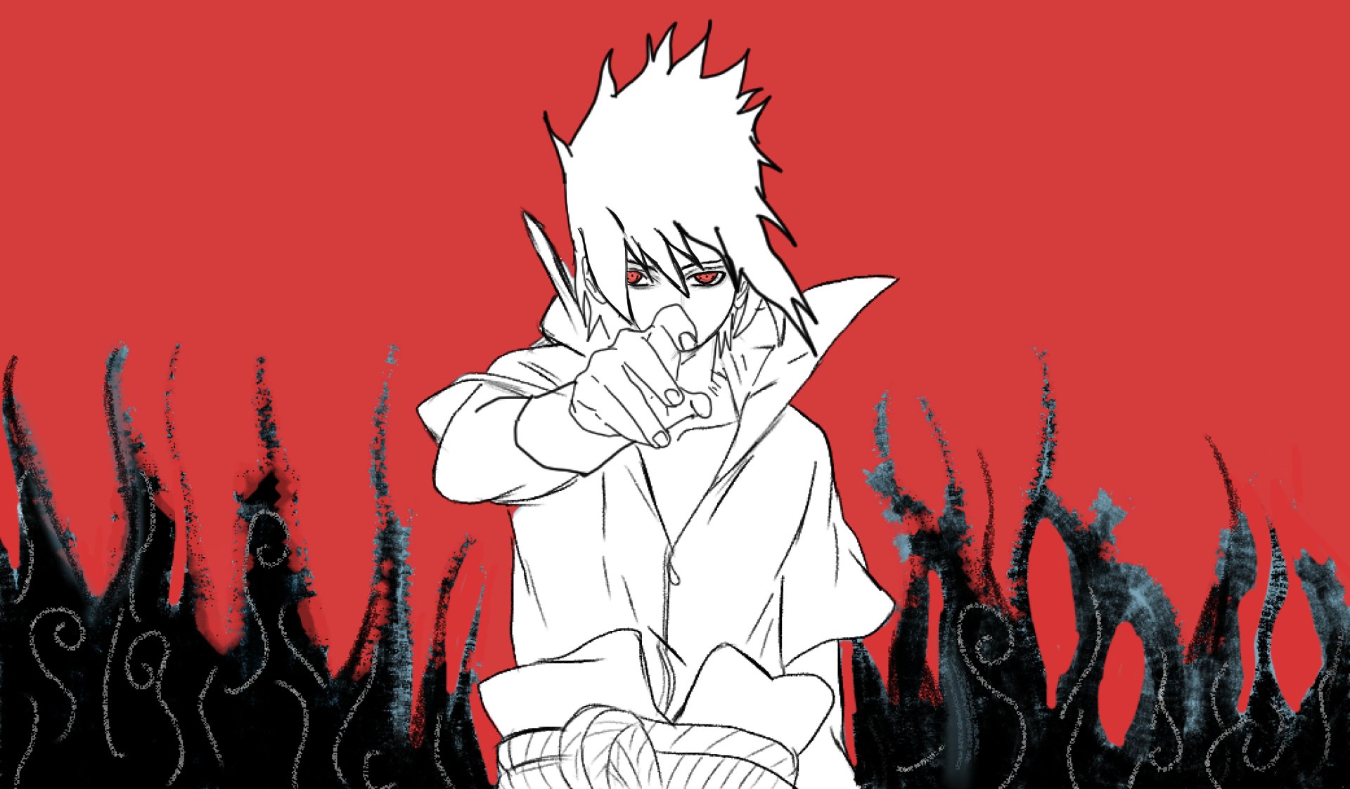 Sasuke Uchiha illustrated in bold black, white, and red tones with fiery black flames against a red background in a 4K Ultra HD PC desktop wallpaper style.