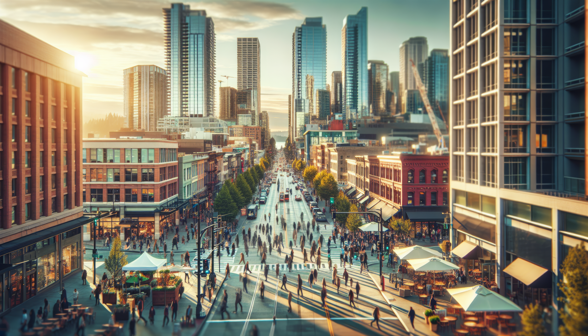 HD desktop wallpaper featuring a bustling downtown street with pedestrians and modern skyscrapers at sunset.