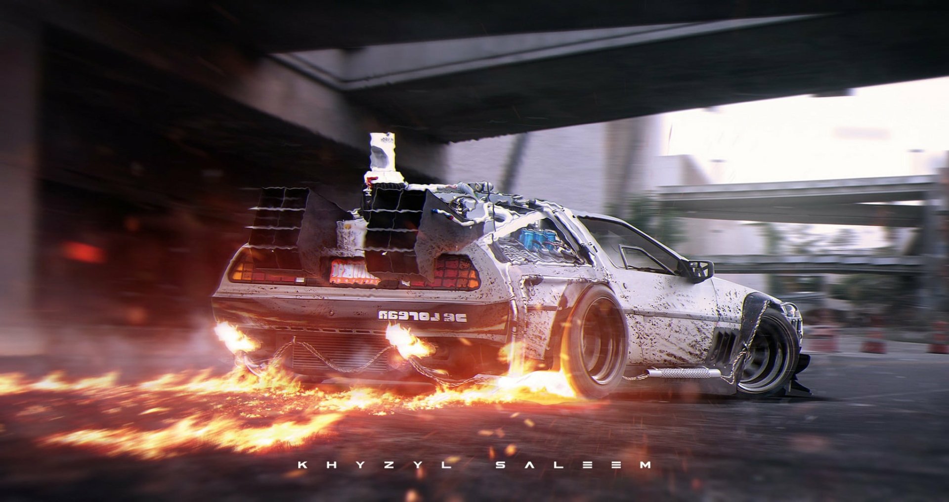 A dynamic HD wallpaper featuring the iconic DeLorean vehicle from Back to the Future, surrounded by flames, showcasing a thrilling scene from the classic movie.