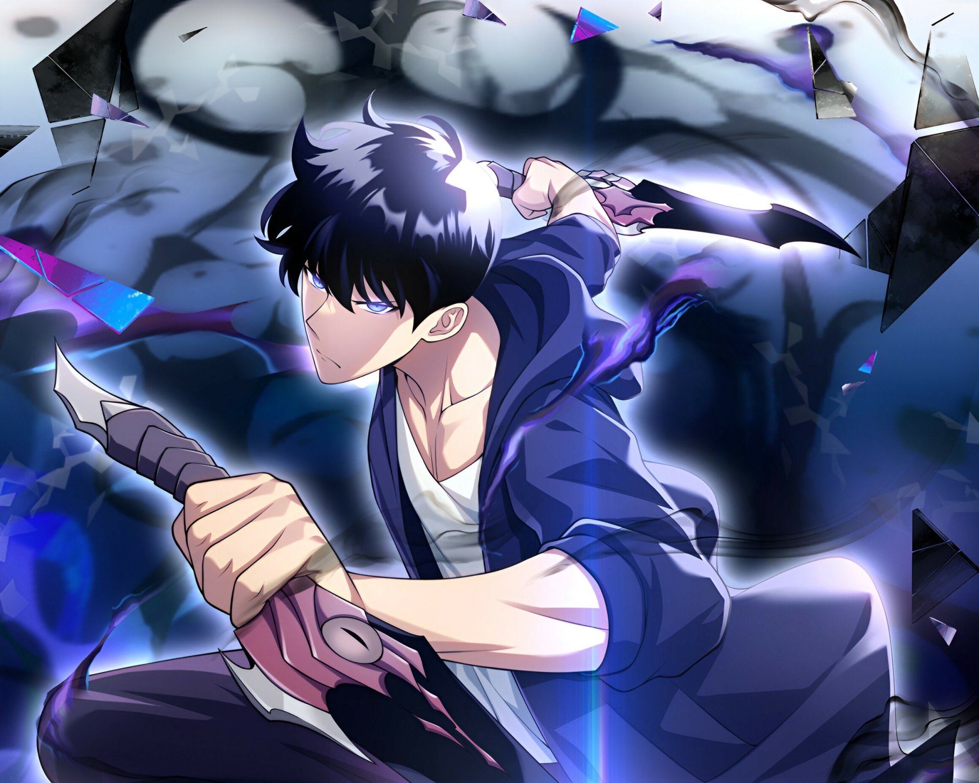 HD anime desktop wallpaper featuring Sung Jin-Woo from Solo Leveling in a dynamic battle pose with glowing weapons and intense blue and purple lighting effects.